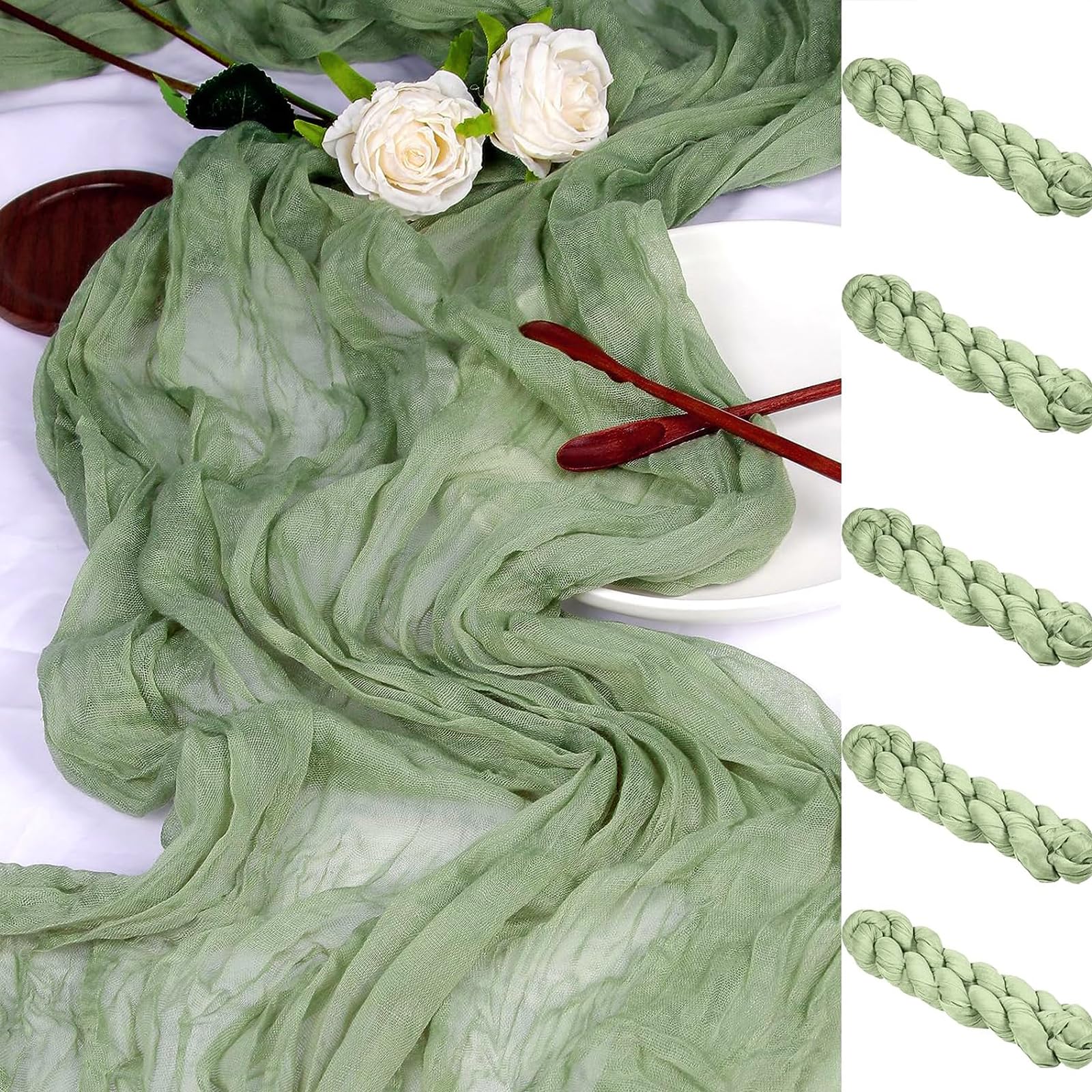 Herda 5 Pack 13.3Ft Long Cheesecloth Table Runner Sage Green,160In Rustic Boho Gauze Table Runner Cheese Cloth for Weddings Bridal Baby Shower Birthday Parties Sage Sheer Table Scarf Decorations Bulk
