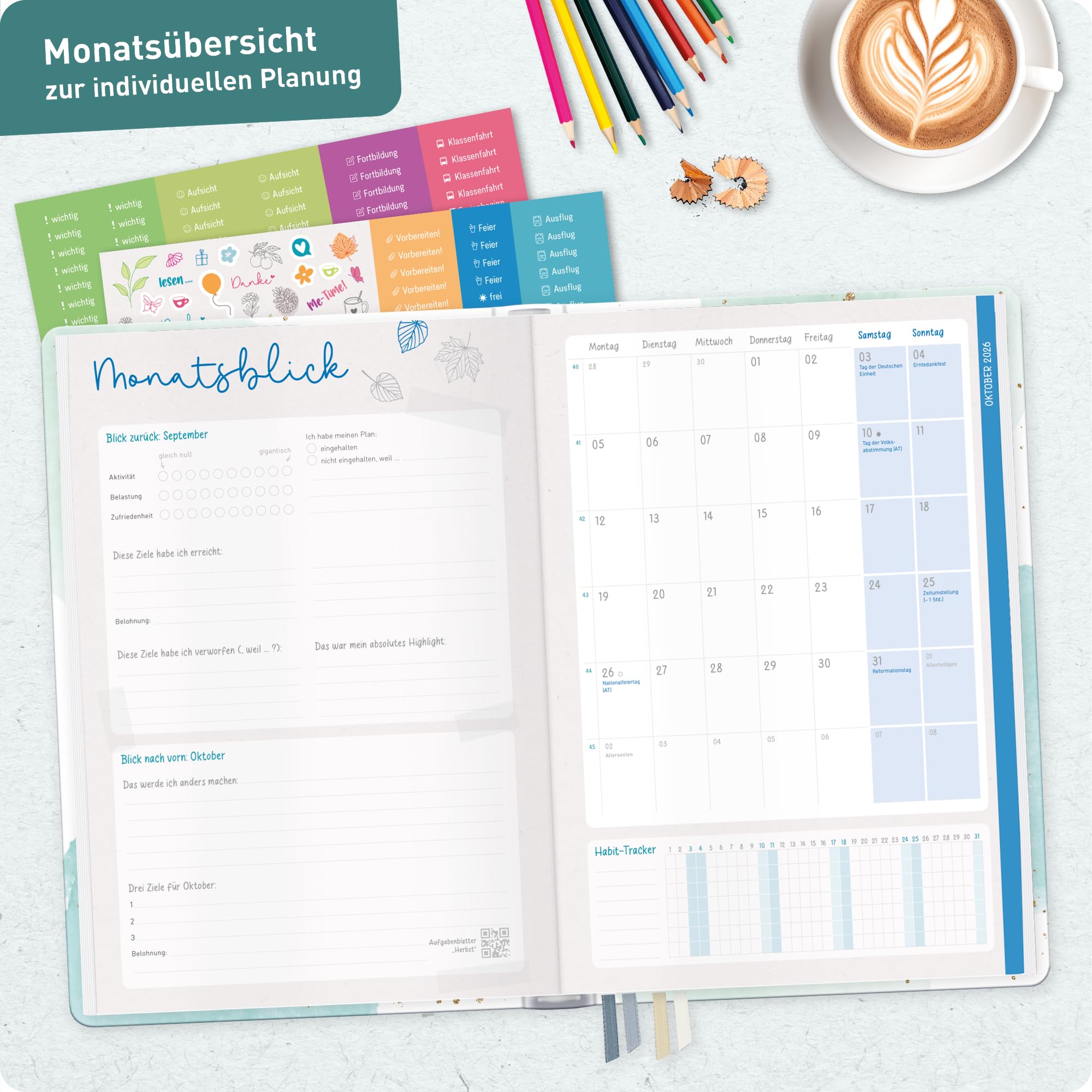 Häfft® Lehrerplaner Grundschule 2026/2027 im A4+ Format Hardcover - Schuljahr 12 Monate (Aug 26 - Jul 27) Lehrerkalender & Unterrichtsplaner für Klasse 1–4 "Watercolor Dots"