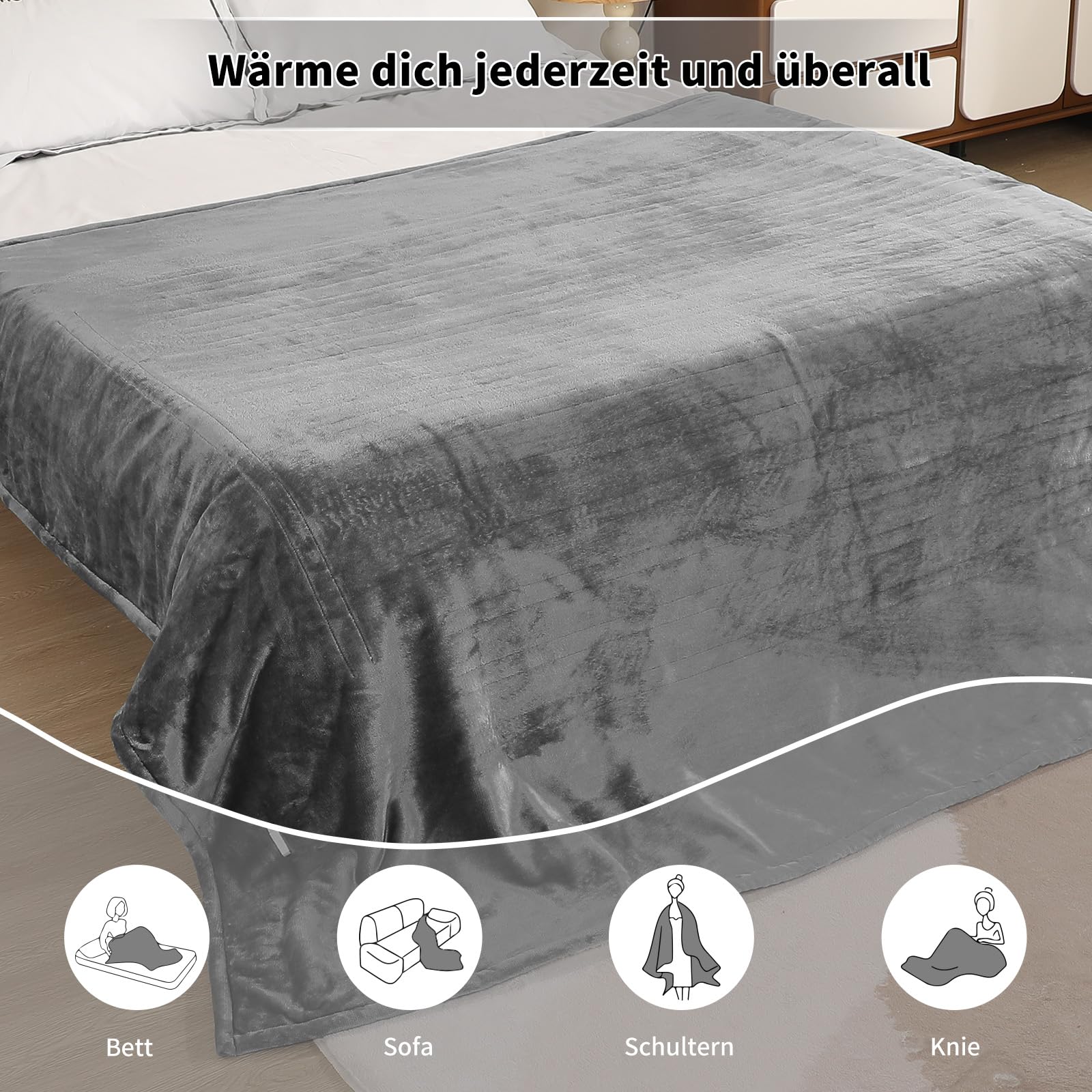 ESTINGO Coperta elettrica 150 x 200 cm, 6 livelli di riscaldamento, timer 10 ore, spegnimento automatico, soffice flanella & sherpa, per lavabili, anziani, ragazzi, donne e coppie, colore: grigio