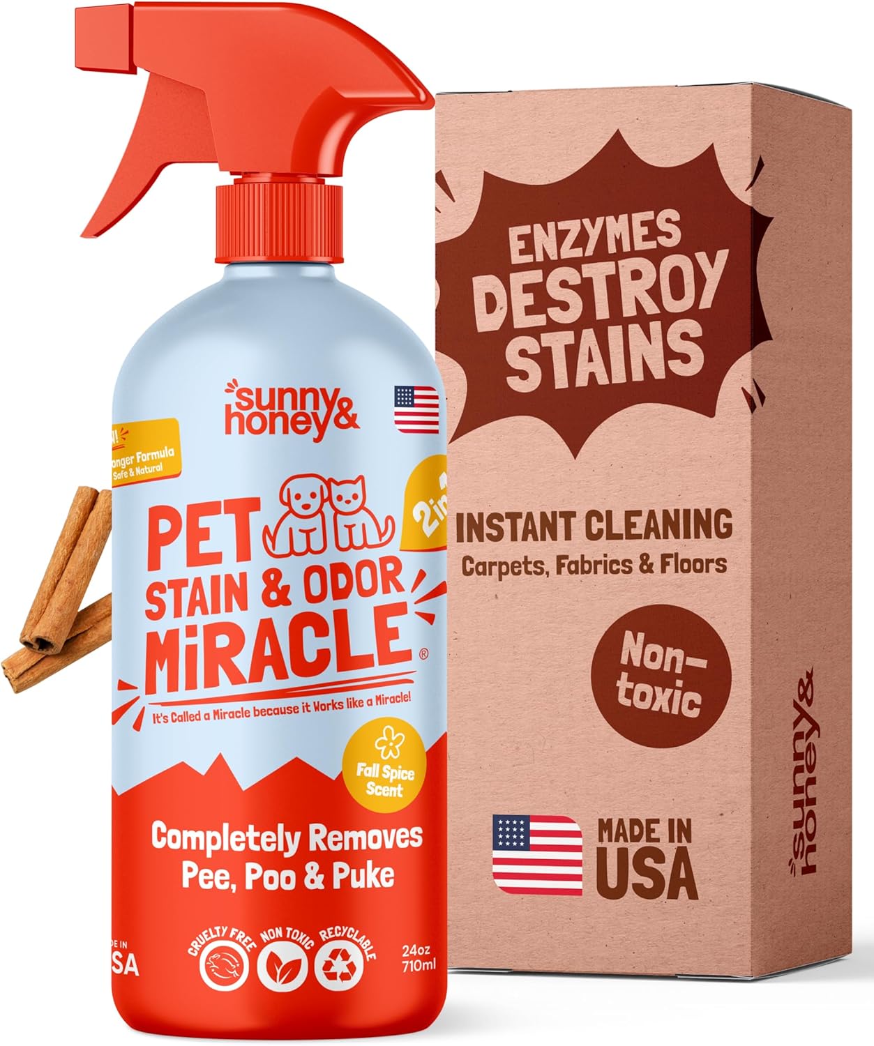 Sunny & Honey Pet Stain & Odor Miracle - Enzyme Cleaner for Dog Urine & Cat Pee - Pet Odor & Stain Remover Spray for Carpet, Mattress, Furniture - Dog Pee Spray & Carpet Cleaner (32 Fl Oz, Fall Spice) Fall Spice Scent 1 gal 
