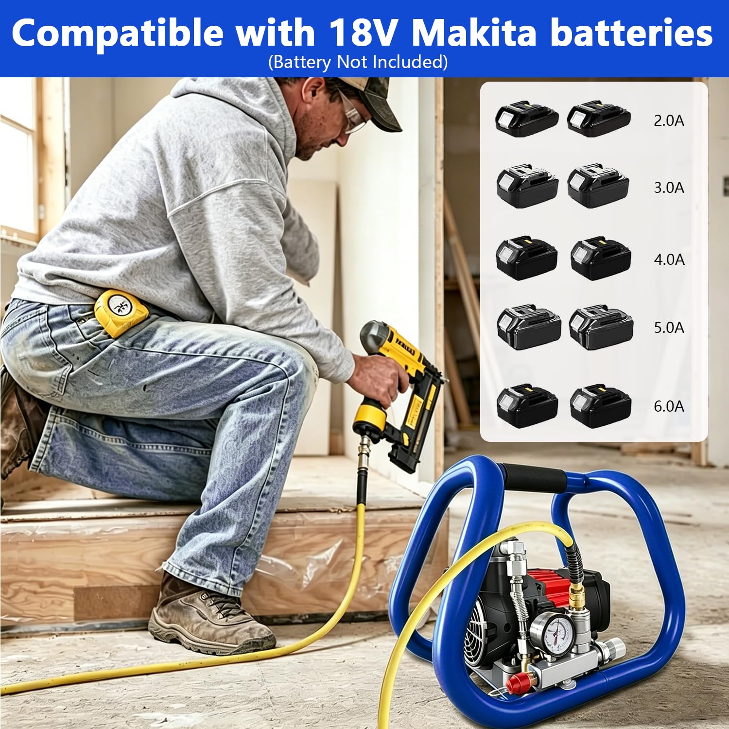 Compresor de Aire Comprimido para Makita Batería, 3L 8 Bar Compresor de Aire Portátil Silencioso para Rellenar Neumáticos, Preparación de Coches, Reparación de Coches, Limpieza Industrial