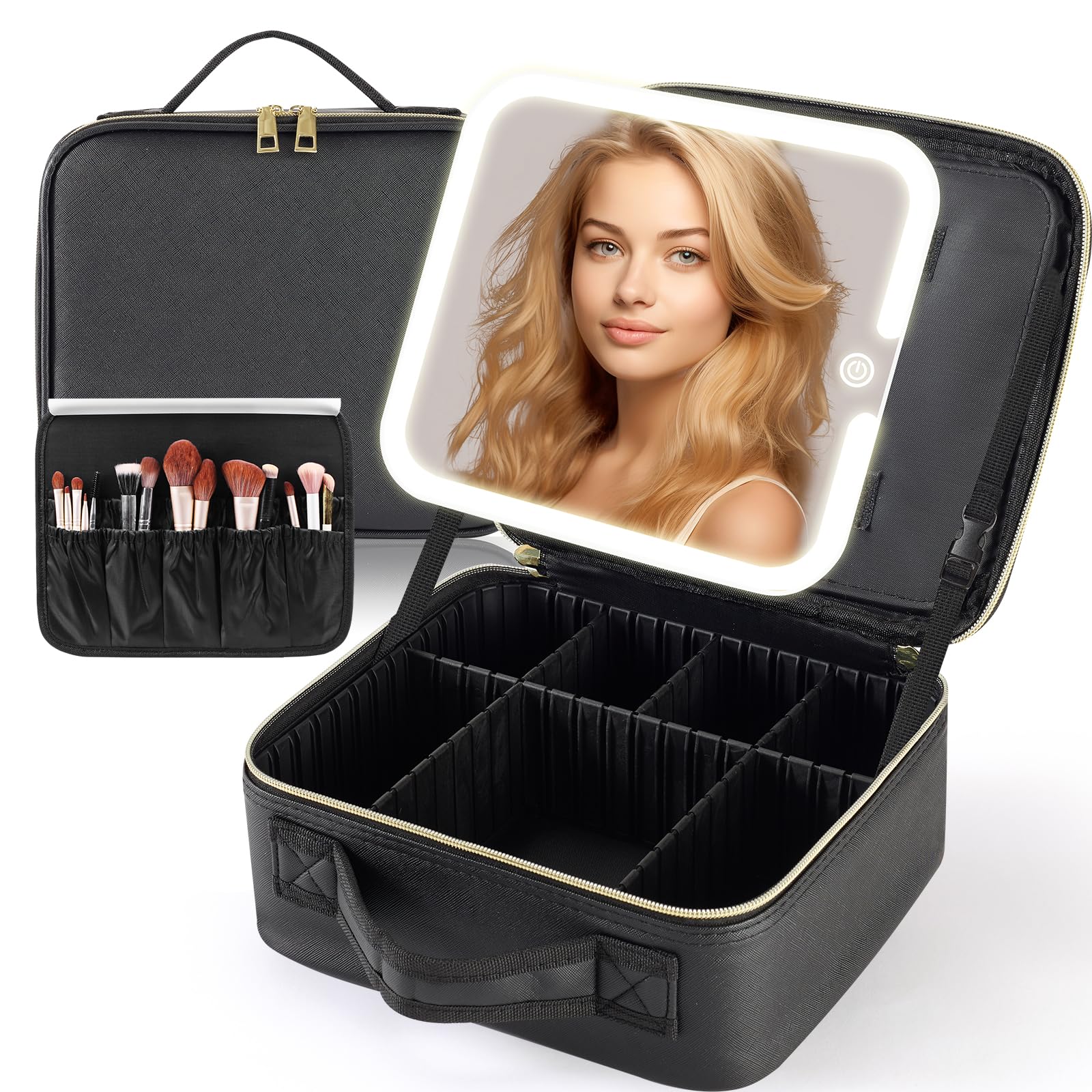 Photo 1 of Junyaoxuan Travel Makeup Bag with LED Mirror,Travel Makeup Organizer with Removable LED Mirror,Makeup Case with Lighted Mirror 3 Color Setting,Black