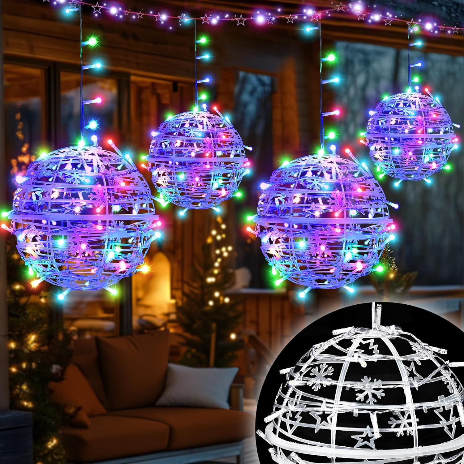 Likiyol Christmas Light Balls Outdoor 4 Pack 8" Sphere Christmas Lights with Plug, Hanging Tree Garden Globe Lights Waterproof String Lights for Yard, Patio, Porch, Party, Holiday Decor, Colorful Colorful Colorful-4 Pack