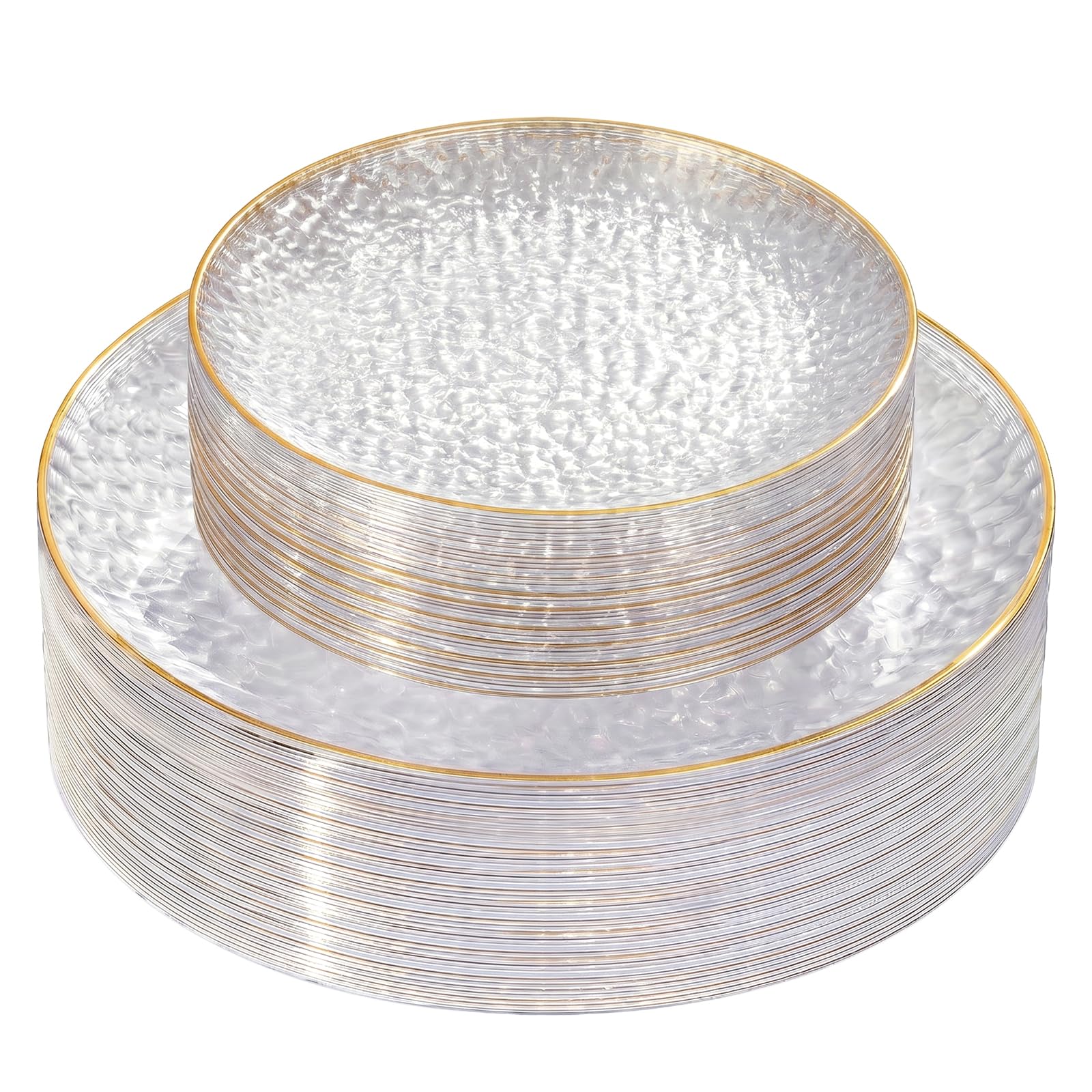 Rubtlamp 60Pcs Clear Plastic Plates with Gold Rim