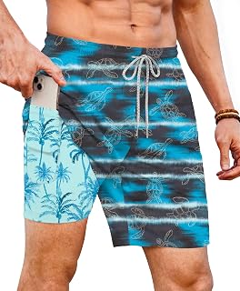 Mens Swim Trunks with Compression Liner 7 Inch, Quick Dry Bathing Suit with Pockets(S-XXL)