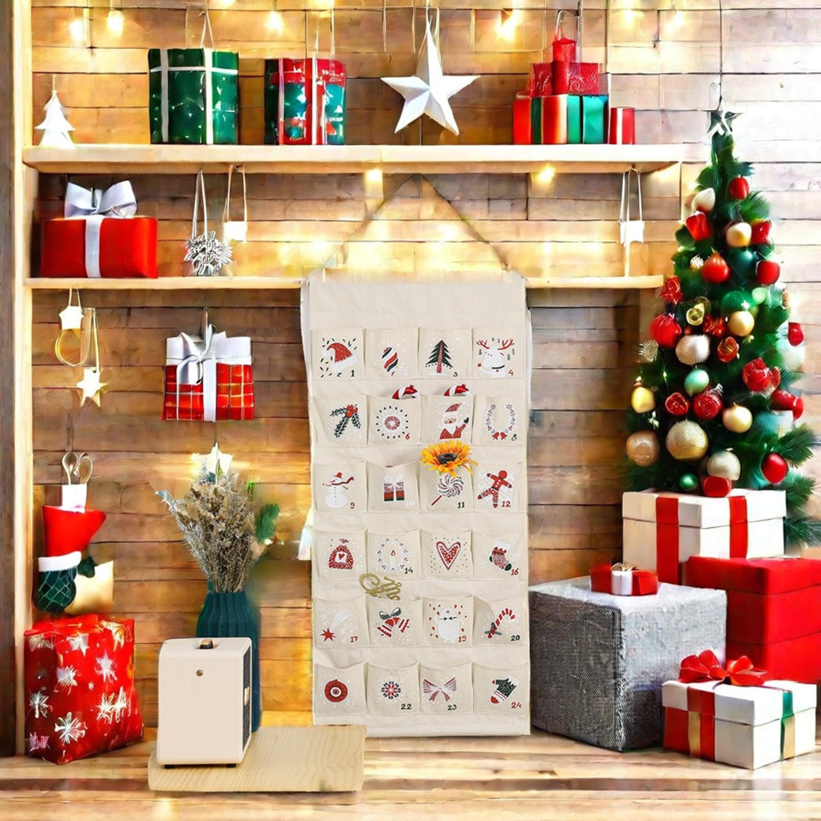 Calendario Dell'Avvento di Natale con 24 Tasche, Pratico Calendario Natalizio Da Appendere.