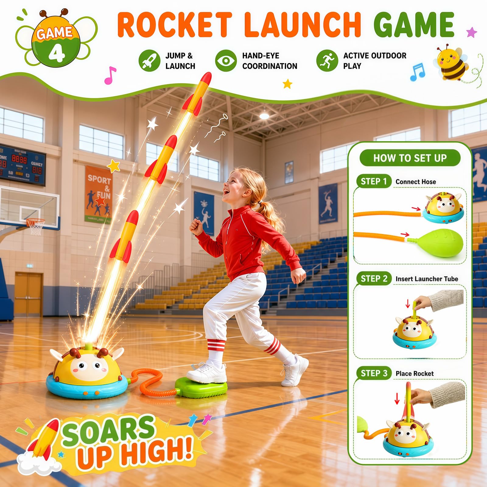 4 en 1 Jeux Exterieur Enfant Ouet Fusée, Corde À Sauter, Lancer D’Anneaux, Base-Ball, Jouet Exterieur Enfant avec Télécommande Jeux Extérieurs Enfants Cadeaux Garçons Filles 3 4 5 6 7 8 9 10 Ans