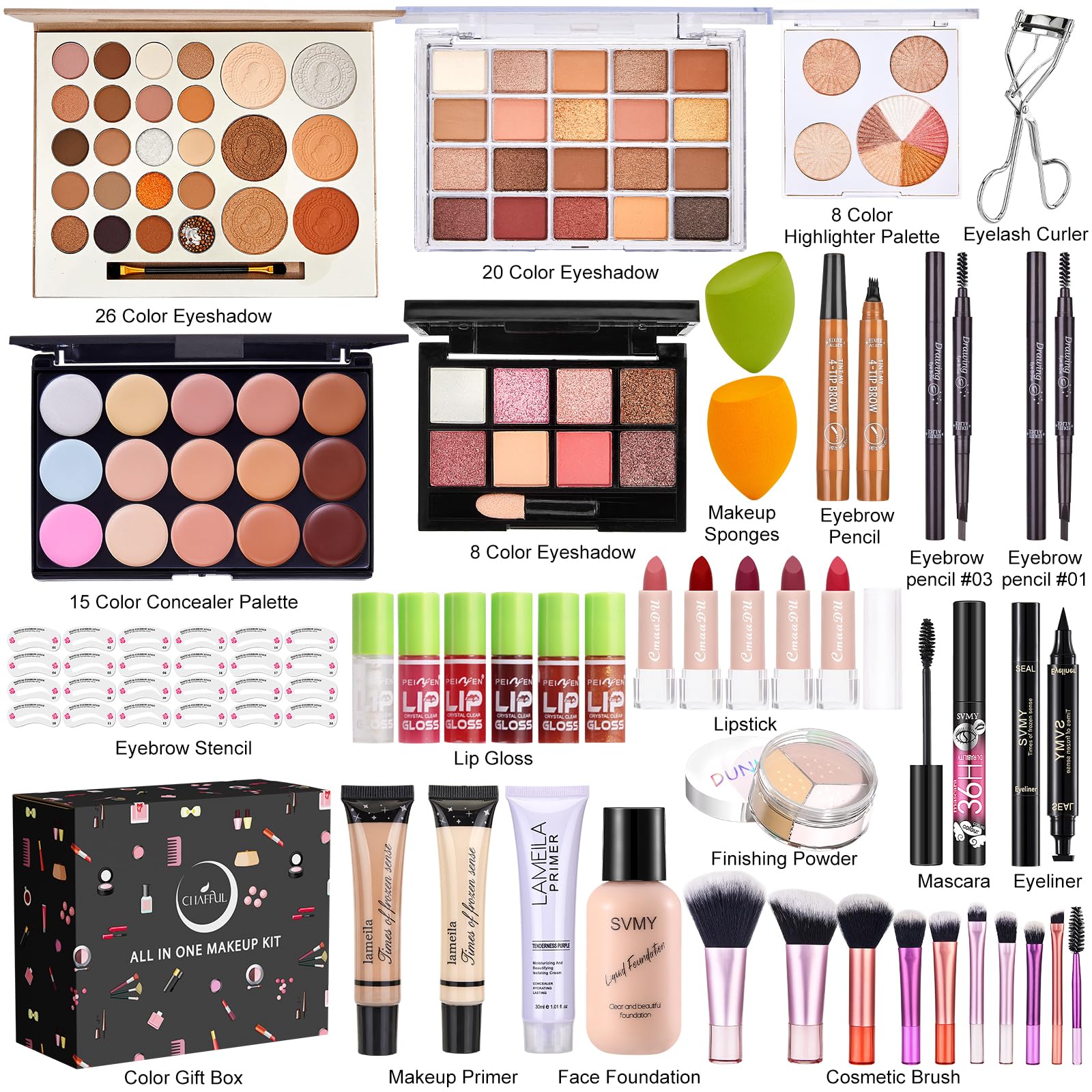 All in One Makeup Kit for Women with Foundation, Eyeshadow, Lipstick & Brushes
