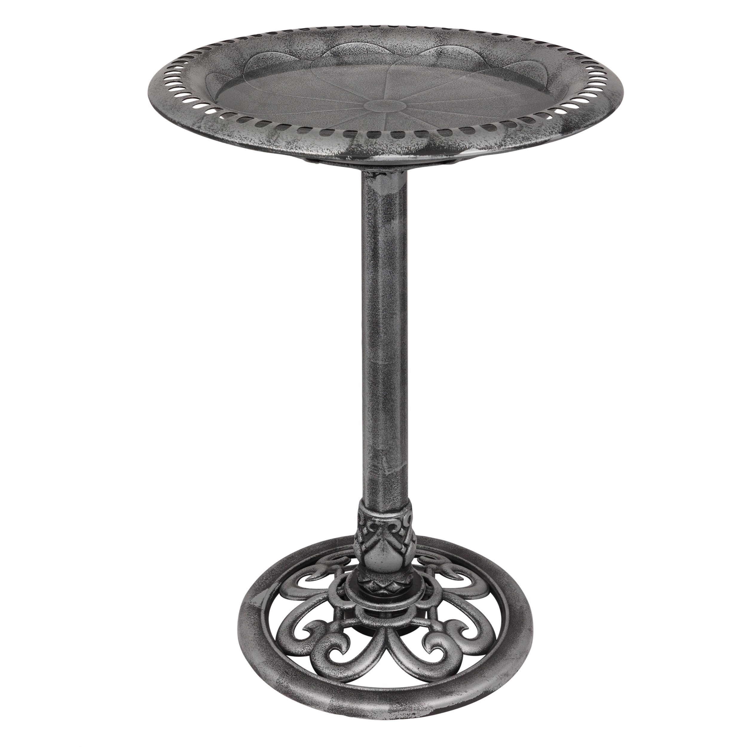 Alpine Corporation TEC116GR Outdoor Pedestal Birdbath w/Scrollwork Base and Stakes, Elegant Birdbath for Garden, 28" H, Gray