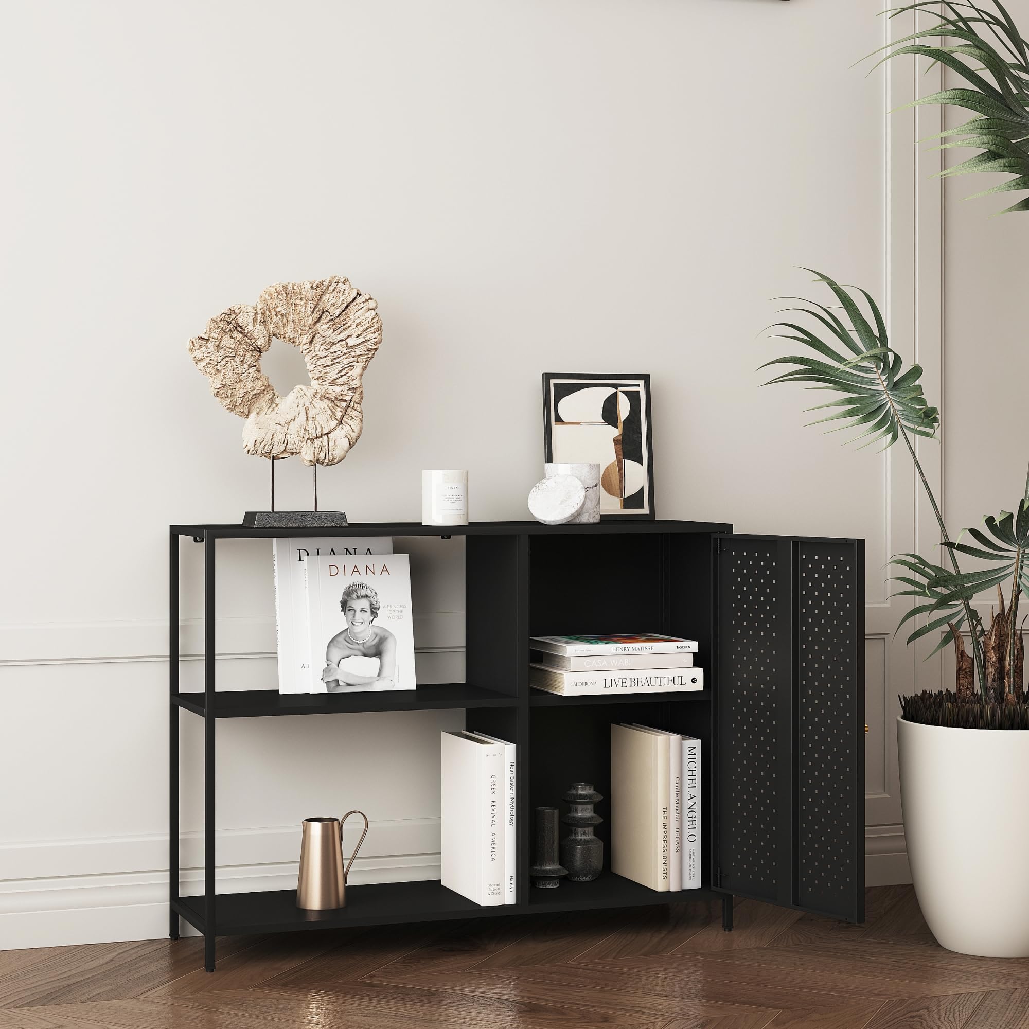 [en.casa] Tavolo a Consolle Mobile Stretto in Metallo con Ripiani e Anta Traforata Mobile da Ingresso Corridoio Soggiorno 75 x 100 x 30 cm Nero