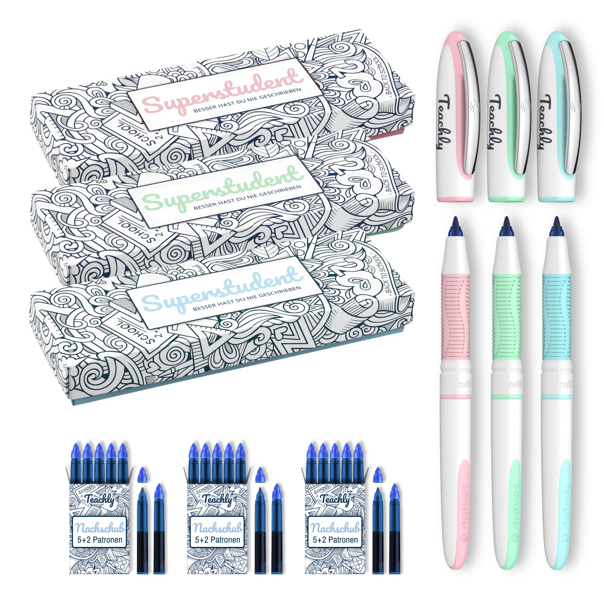 Teachly Bundle 3 x Tintenroller Superstudent (Rosé-, Mint- & Türkis-Set) - Inkl. 7 Tintenpatronen (Blau) je Set