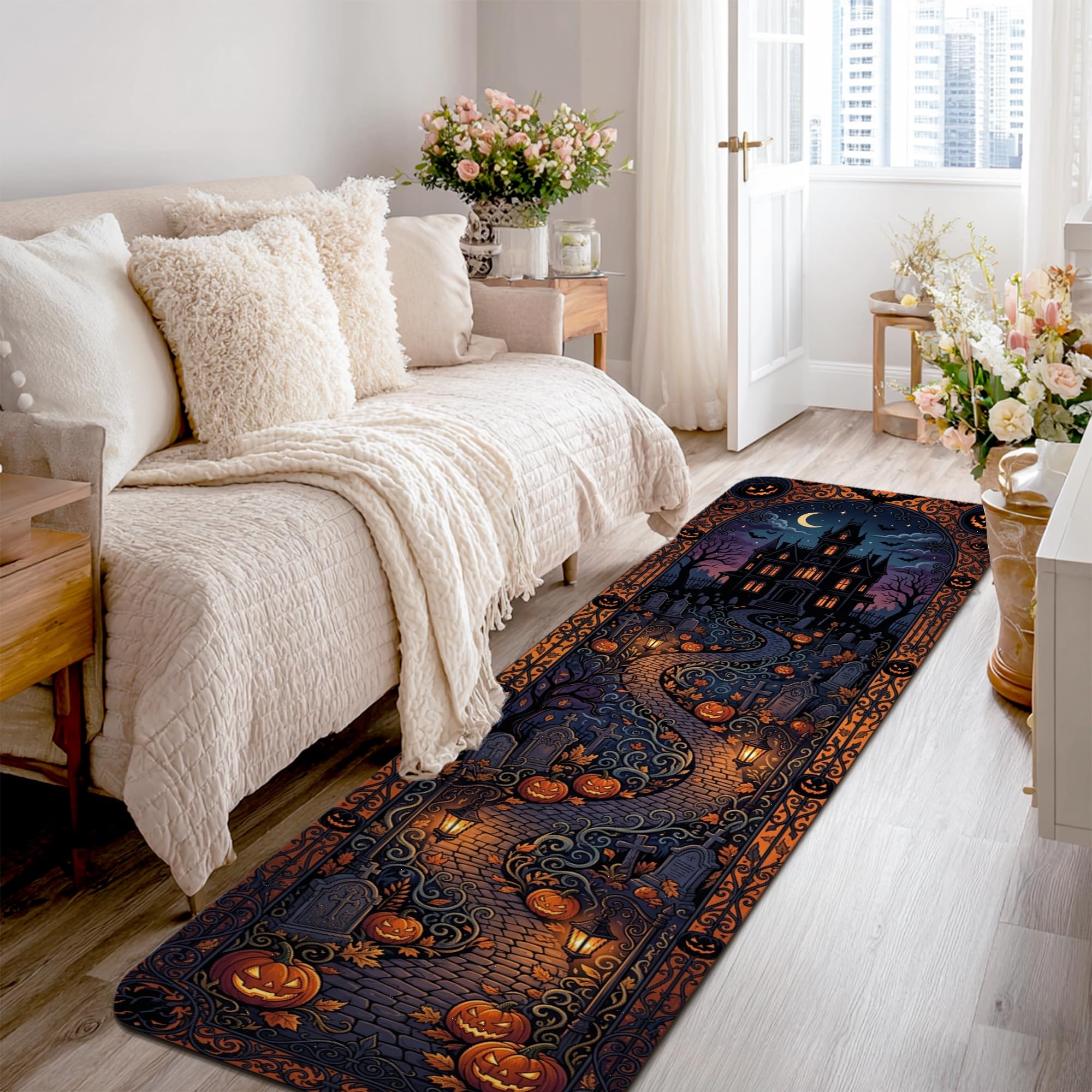 Alfombra de camino para cocina y entrada decorativa con calabazas de temporada