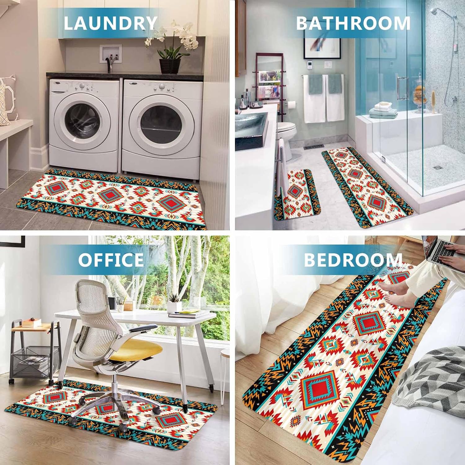 Prime Leader Ethnic Geometric Kitchen Mat Set 2 Pieces Southwestern Argyle Stripe Red Teal Farmhouse Non Slip Kitchen Rugs Washable Runner Rug Mats for Sink Laundry (19.7" x 31.5"+19.7" x 47.2")