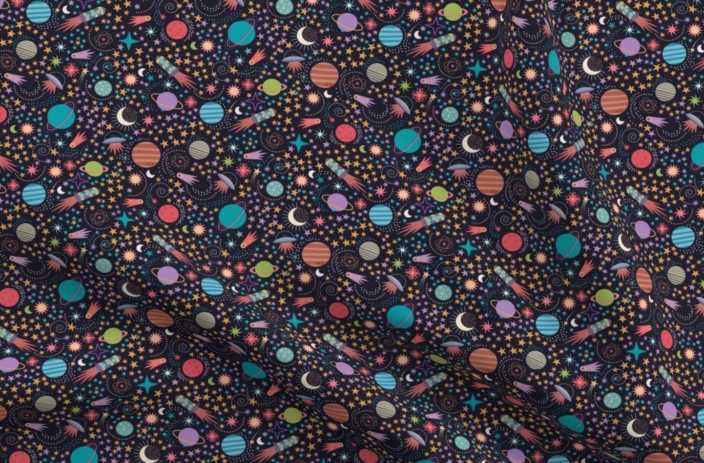Spoonflower Fabric - Colourful Ditsy Space Adventure Planets Stars Geo Printed on Minky Fabric by The Yard - Sewing Baby Blankets Quilt Backing Plush