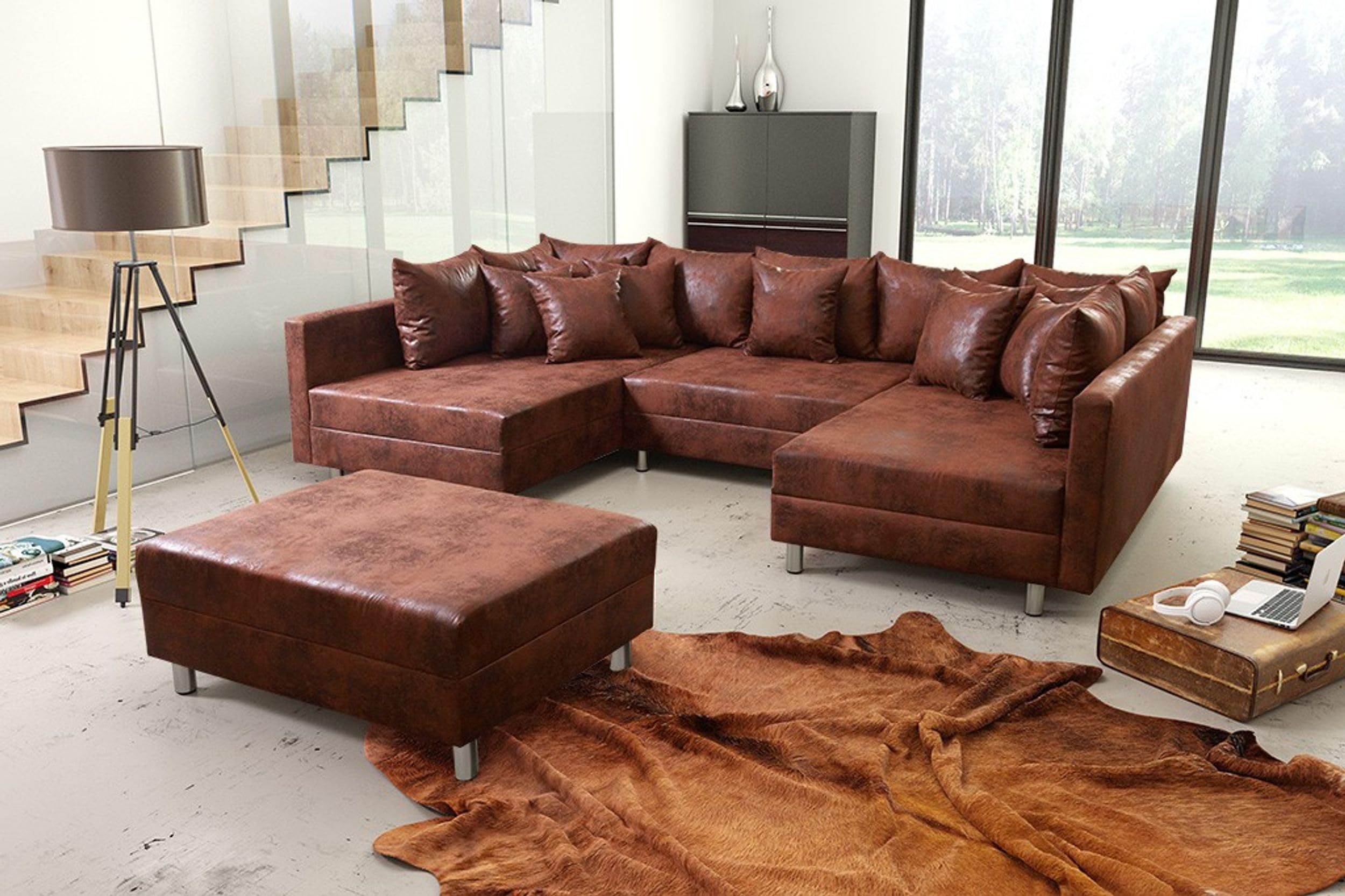 Wohnlandschaft Minsk XXL – Ecksofa aus Mikrofaser, Vintage Braun, inkl. Hocker