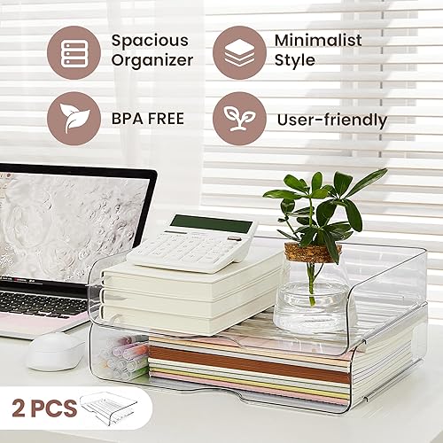 Miniatura 3 de Paquete de 2 bandejas de papel apilables para escritorio, bandeja transparente para escritorio de mascotas tamaño A4 para organizador de papel de