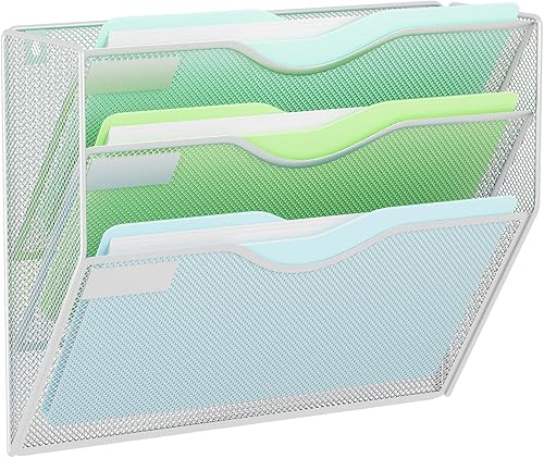 GDINDINFAN 3 bolsillos de malla para colgar archivos de pared, organizador de archivos, estante de papel montado en la pared, color plateado