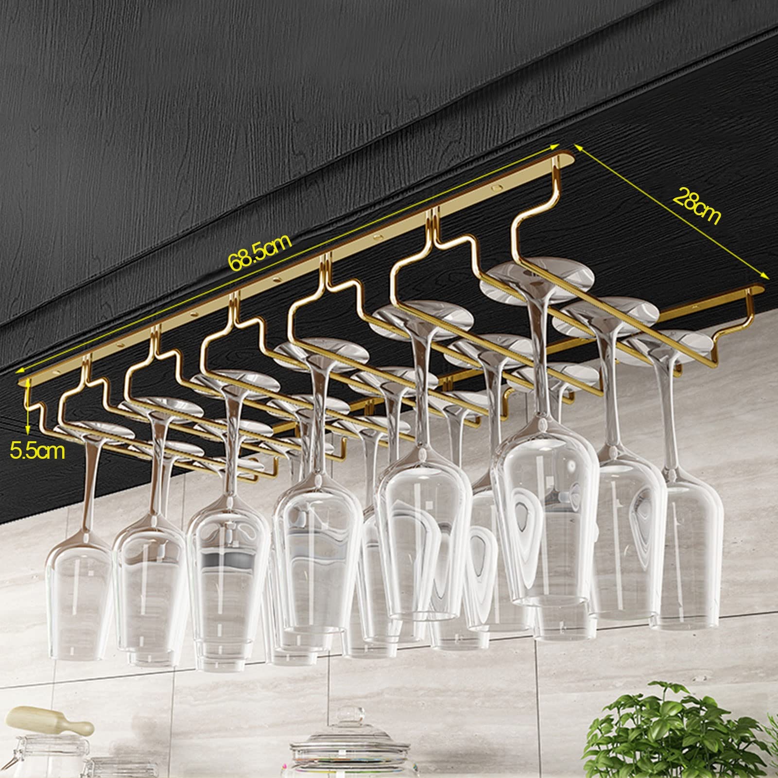 Genérico Soporte para Copas de Vino bajo el gabinete - Organizador de Copas de Metal Dorado para Cocina, Bar y Restaurante - Solución de Almacenamiento Que Ahorra Espacio 80x28x5.5cm
