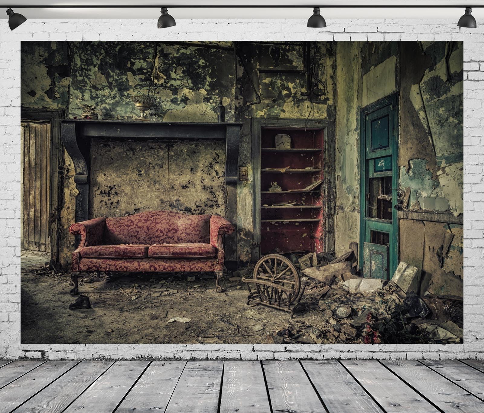 BELECO 15x8ft Fabric Abandoned Empty House Backdrop Creepy Scene Haunted House With Window View Gloomy Building Interior Background Horror Halloween Themed Party Decorations Studio Photo Props