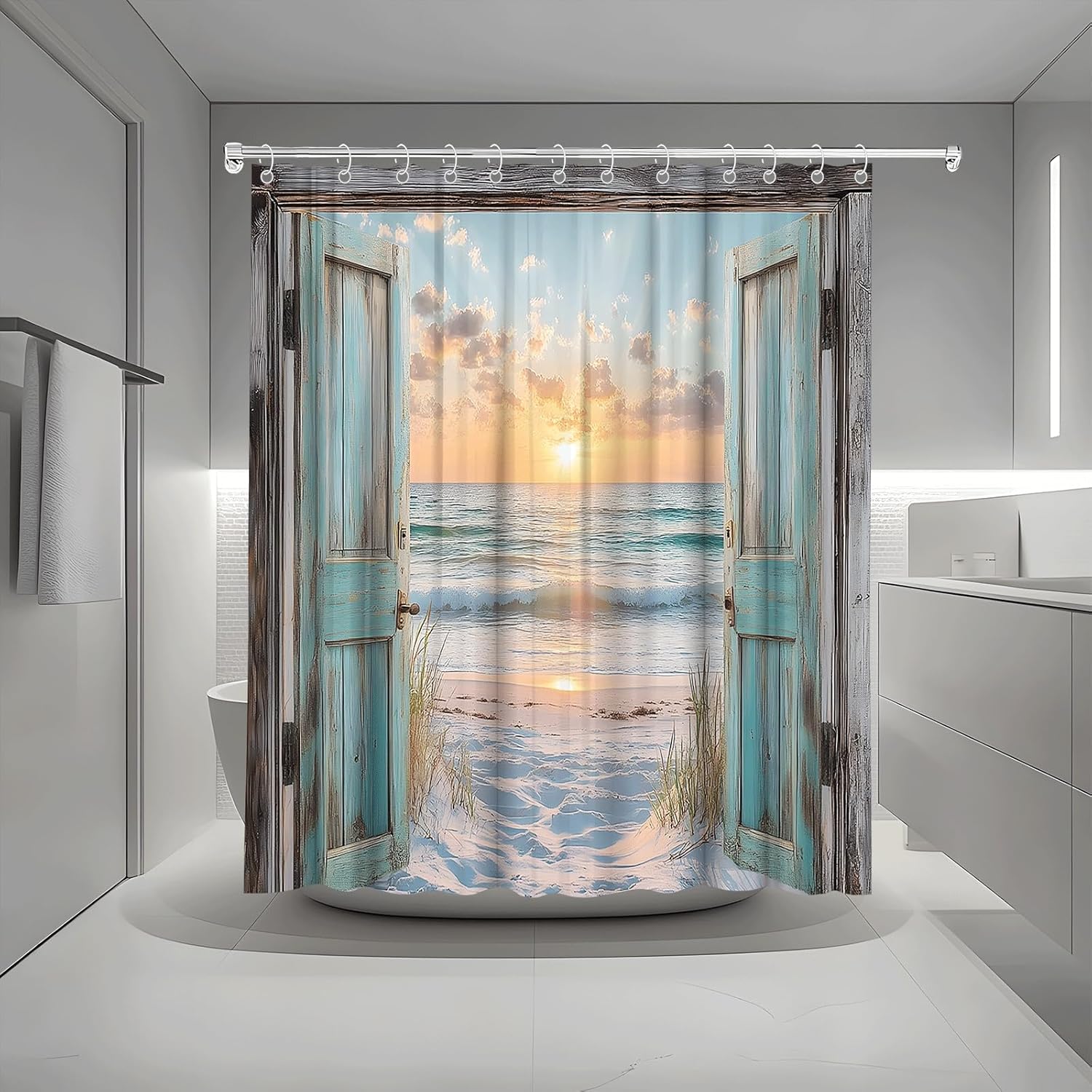 Ocean Beach Teal Barn Door Shower Curtain Hawaiian Sunset Scenery Sea Wave Ocean Coastal Seaside Retro Wood Rustic Landscape Bath Curtain Fabric Bathroom Accessories Decor with Hooks (70.00"LX90.00"W)