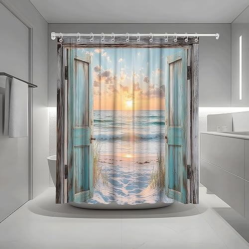 Miniatura 4 de Cortina de ducha para puerta de granero verde azulado con diseño de océano, puesta de sol, paisaje, olas de mar, mar, costero, retro, madera,