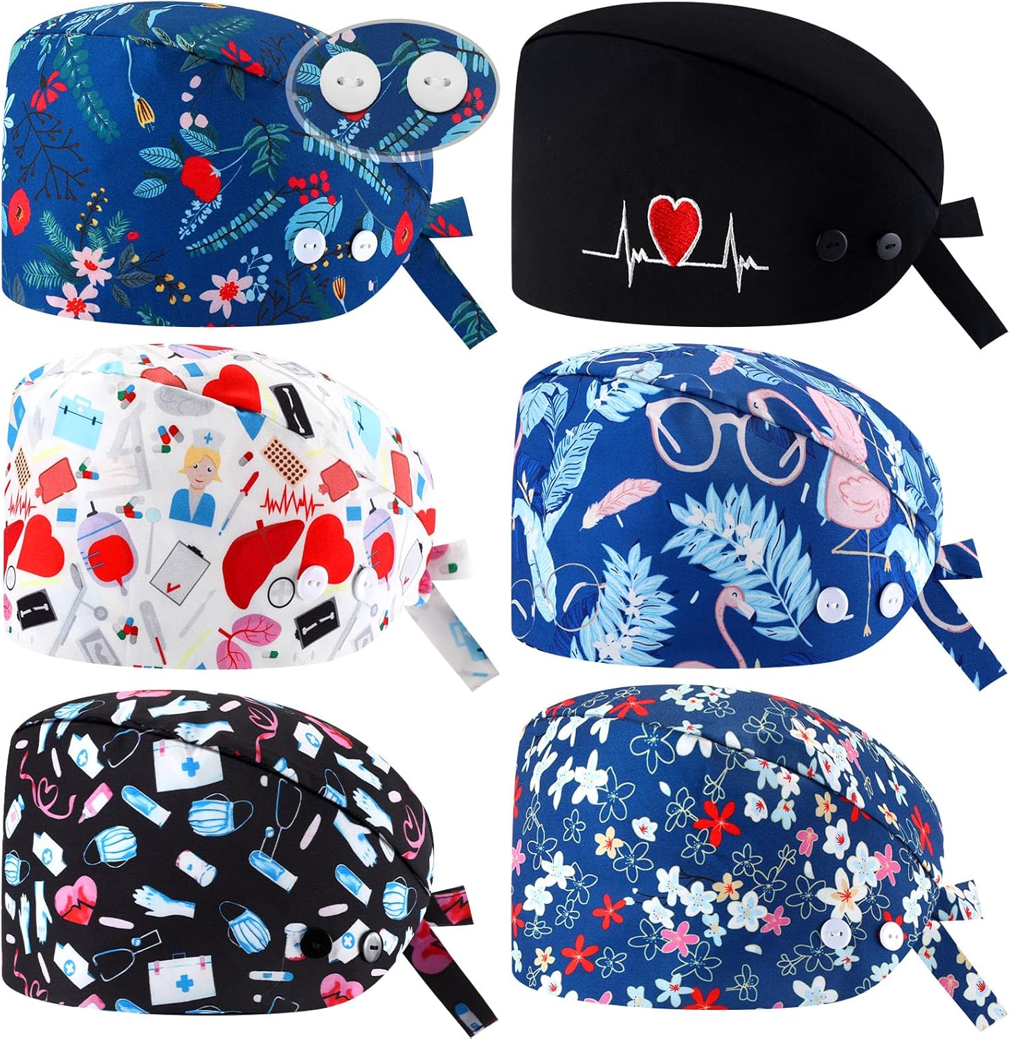 6 Pcs Scrub Cap Adjustable Nurse Hat with Double Button and Sweatband Elastic Bandage for Women Men