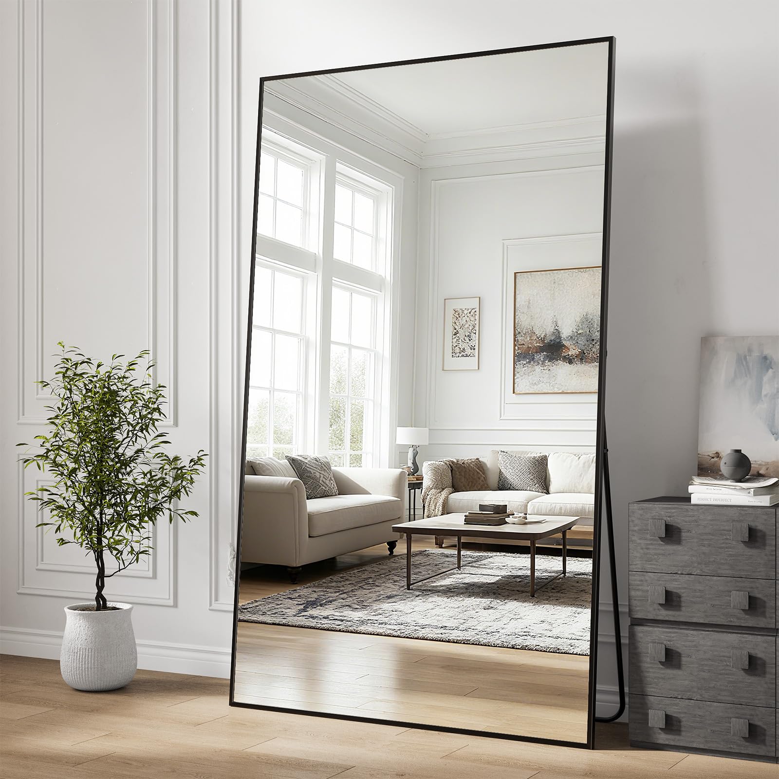 Full Length Mirror, 76"x34" Large Floor Mirror with Stand, Tall Full Body Mirrors for Bedroom, Hanging Mounted for Living Room Cloakroom, Aluminum Alloy Frame, Black