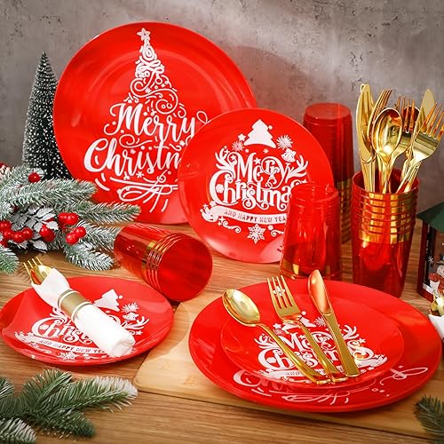 Miniatura 2 de Suttmin Juego de vajilla de plástico navideño de 350 piezas para 50 invitados, incluye 50 platos llanos, 50 platos de postre, 50 servilletas