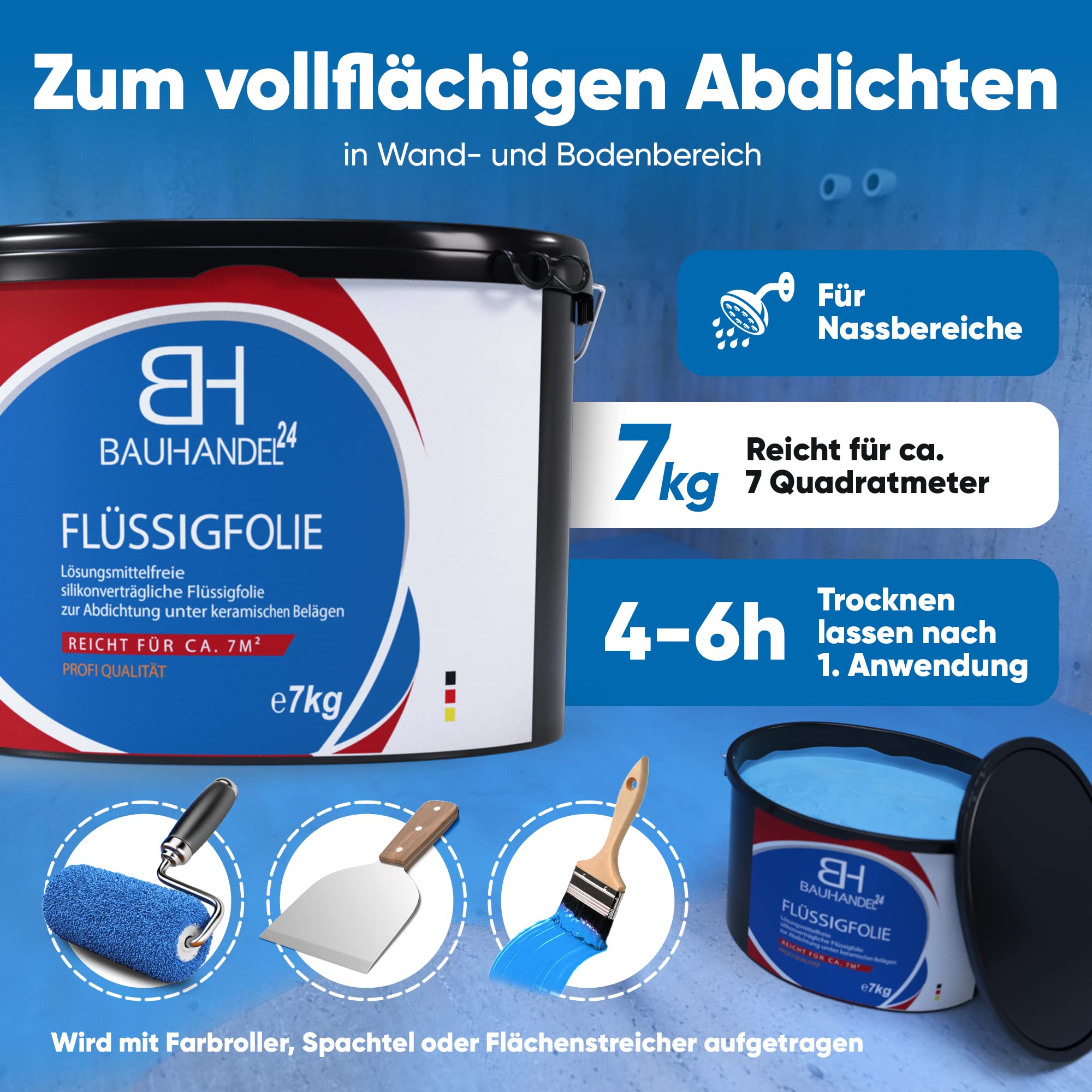 Bauhandel24-7kg Flüssigfolie Bad, 10m Dichtband Set, 4 Innenecken Dusche, 2 Manschetten, 1kg Voranstrich Abdichtung
