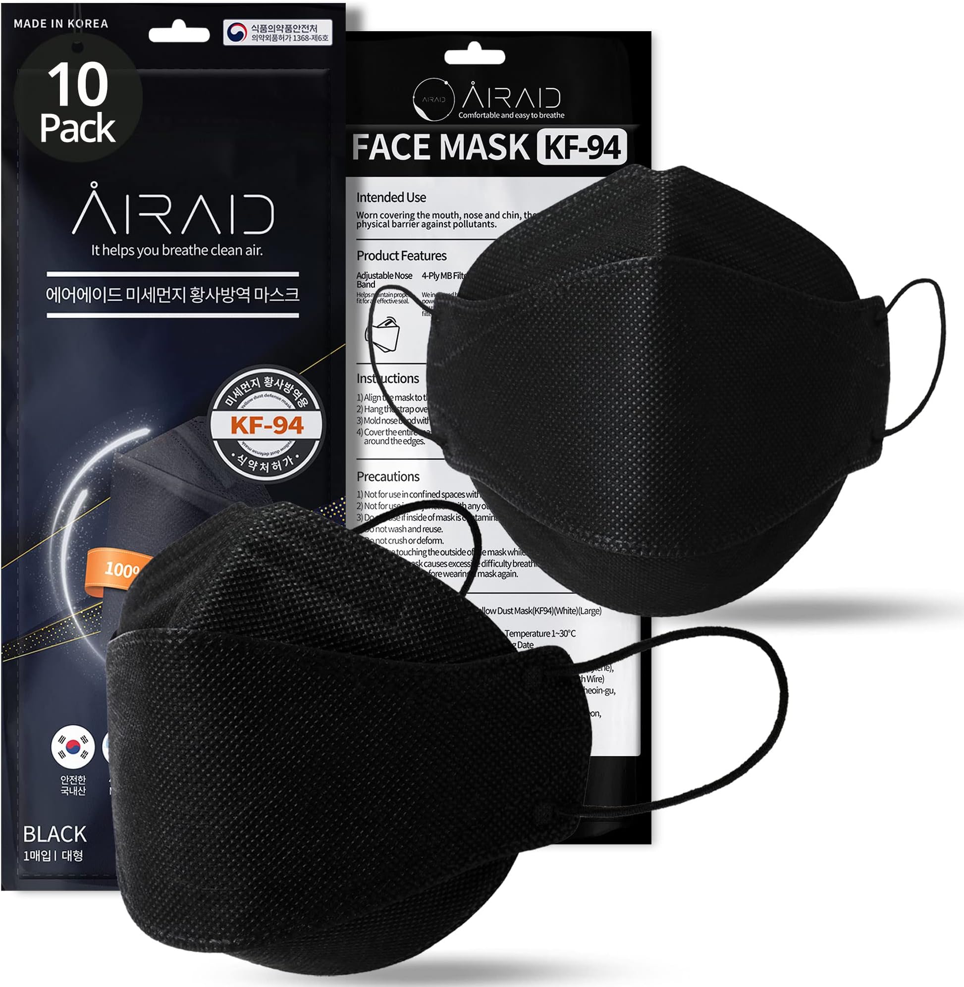 AIRAID-KF94 [Individually Wrapped] - Made in Korea, 4-Layer Filter, 3D Face Mask, Black, White, Adult and Older Teens