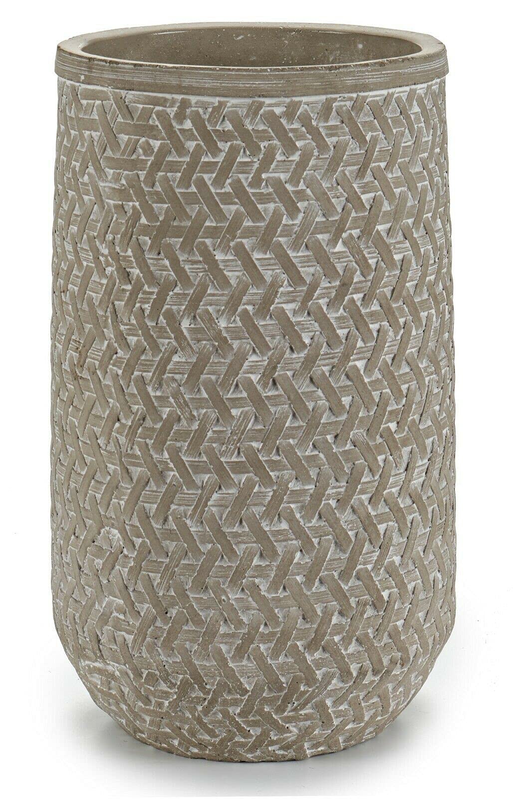 Rammento 25cm Grey Cylinder Vase - Cement with Rattan Design, Decorative Flower Vase, Ideal for Bookshelf, Mantelpiece or Side Table - Suitable for Dried or Artificial Flowers