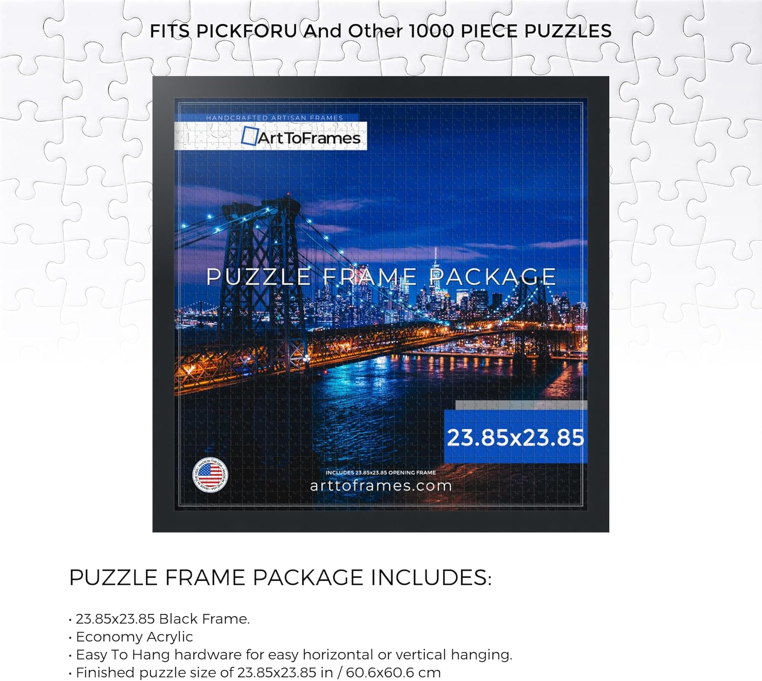 ArtToFrames 23.85x23.85 INCH/60.6x60.6 CM Black Frame for 1000 Piece Puzzles.This 1.25 Inch Custom MDF Puzzle Frame is Black - Comes with Economy Acrylic (PuzzleFRBW72079-23.85x23.85)