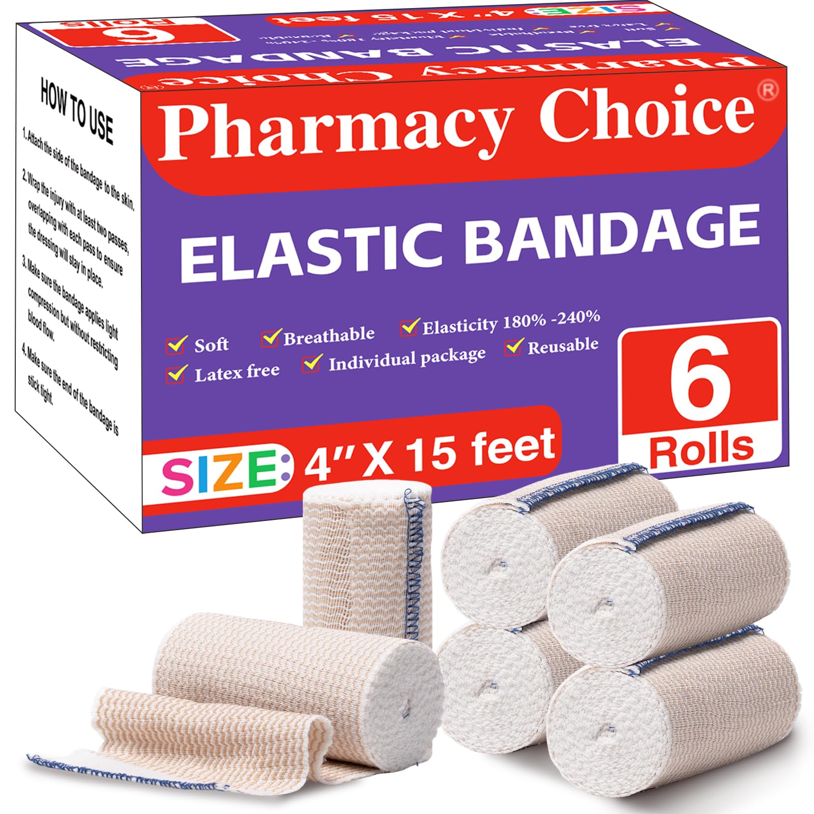 4Inch Elastic Bandage Wrap, Athletic Tape, Compression Wrap Bandage for Legs, Lymphedema Wraps for Legs, Ankle, Knee, Tummy, Body, Latex-Free, 6Rolls