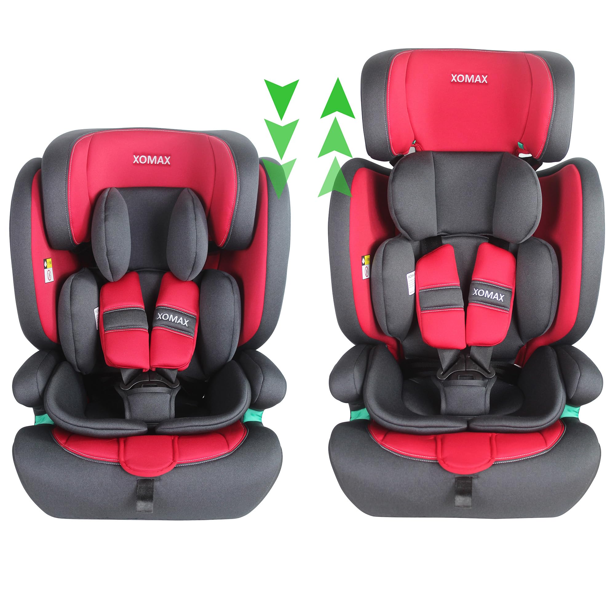 XOMAX LM238 Kindersitz mit ISOFIX I Mitwachsend I 9-36 kg, 15 Monate - 12 Jahre, Gruppe 1/2/3 I 5-Punkt-Gurt und 3-Punkt-Gurt I Bezug Abnehmbar und Waschbar I ECE R129 I Rot