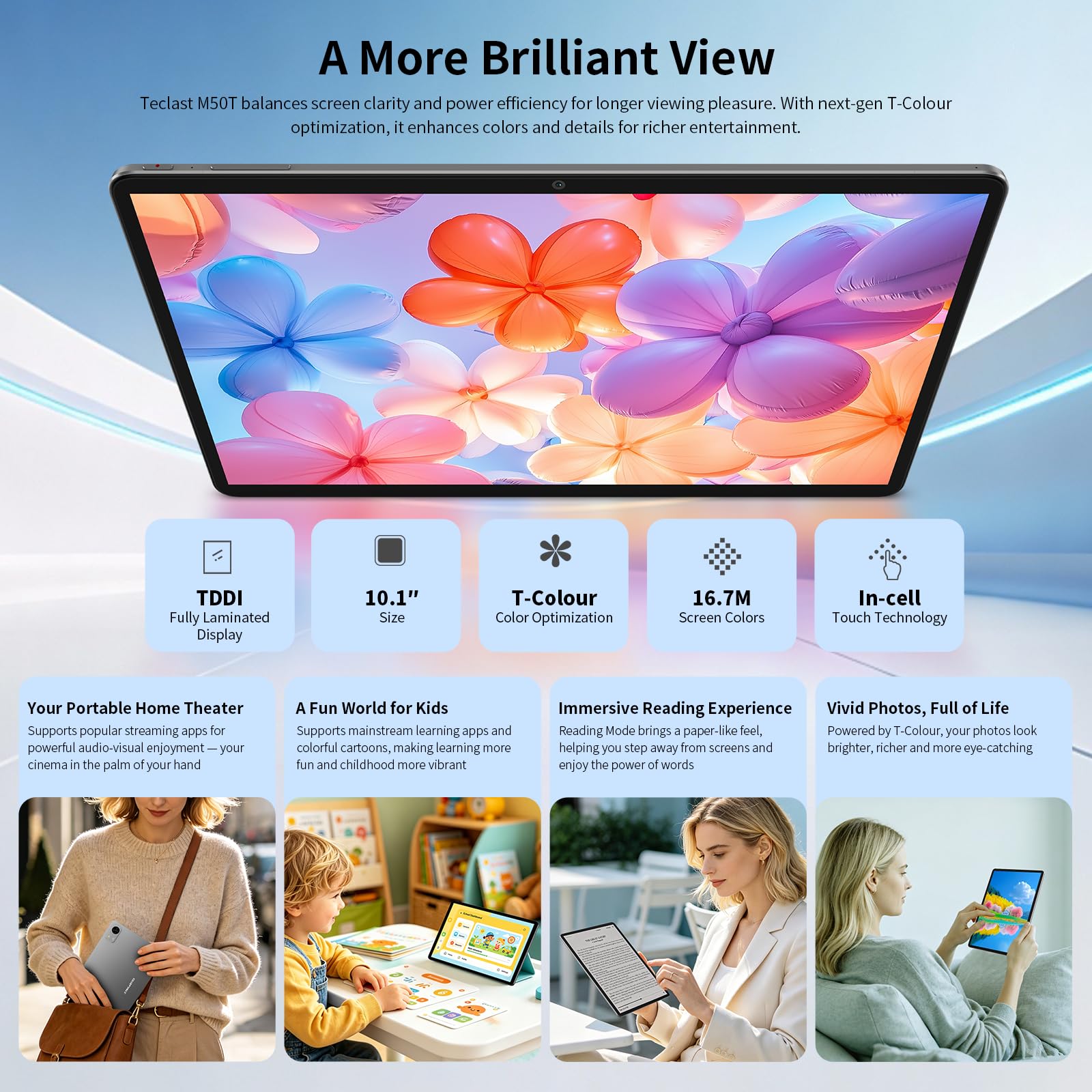 TECLAST M50T Android 16 Tablet 10.1 Pollici Gemini AI, 2GHz Octa-Core, 32GB RAM+128GB ROM+5TB TF, 7000mAh, 2.4G+5G WiFi, GMS Widevine L1, Bluetooth 5.4, 13MP, Face ID/3.5MM/OTG, 2026 Tablets con Penna