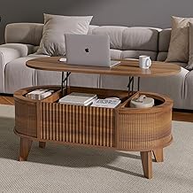 LYNCOHOME Fluted Lift Top Coffee Table with Storage,Modern Oval Coffee Table for Living Room or Home Office（Walnut）