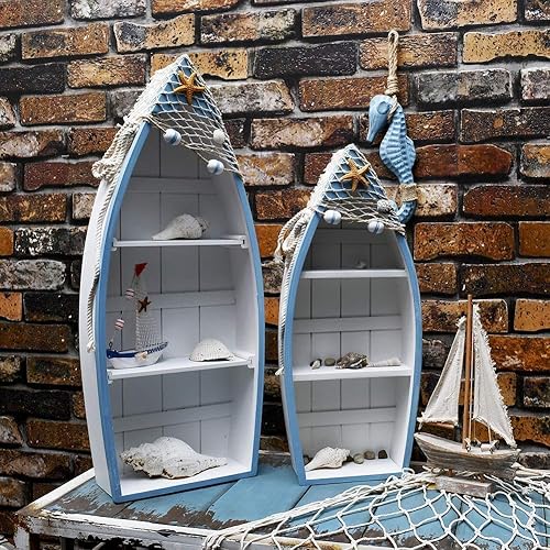 Miniatura 5 de Morning View Estante de madera para barco, decoración náutica de playa, barco con 2 estantes de pie, estante de barco de madera, decoración náutica