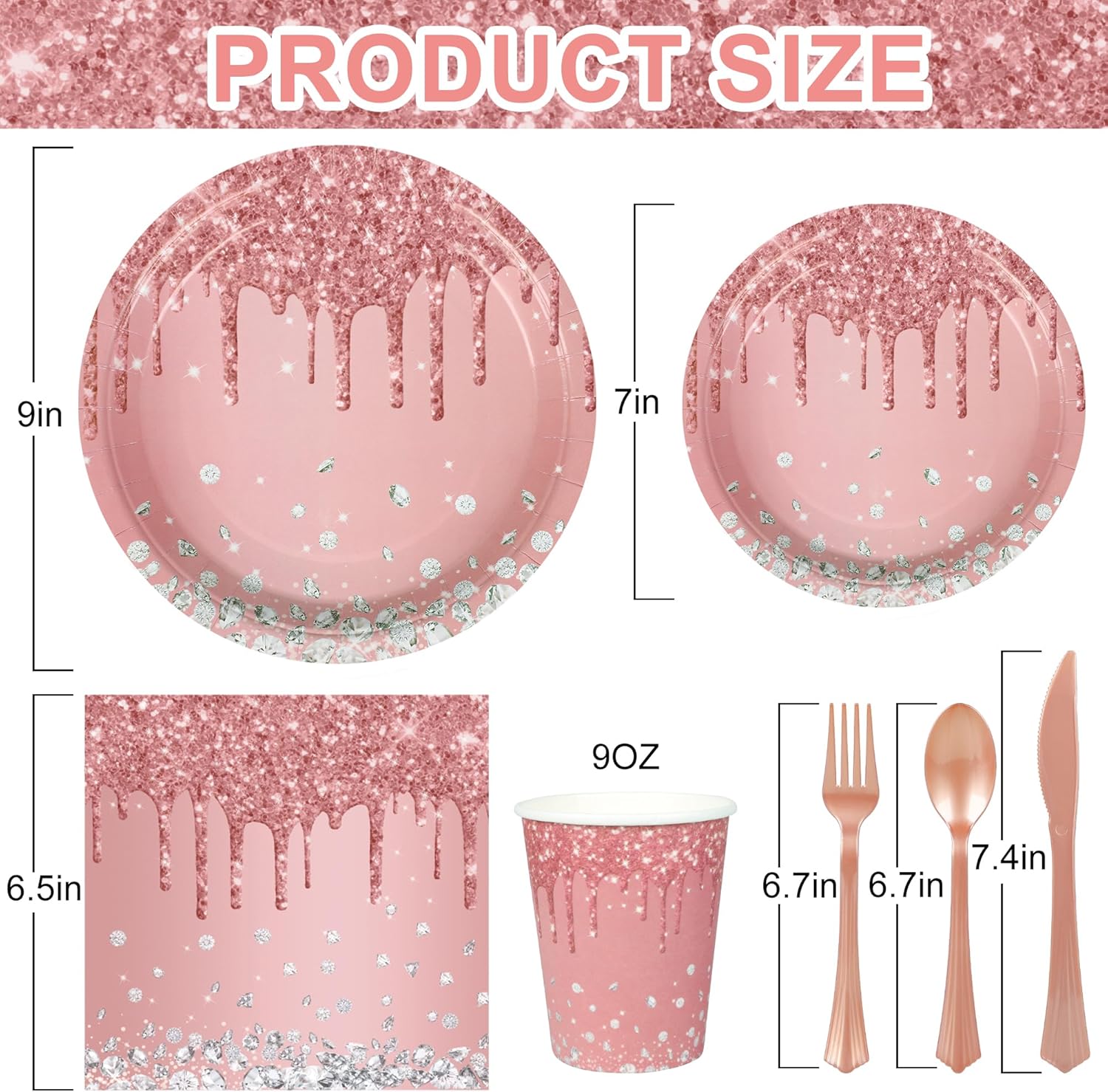 175 PCS Rose Gold Tableware Set Rose Gold Paper Plates Napkins and Cups Plastic Knives Spoons Forks Disposable Pink Rose Gold Party Supplies for Birthday Baby Shower, Serves 25 Guests