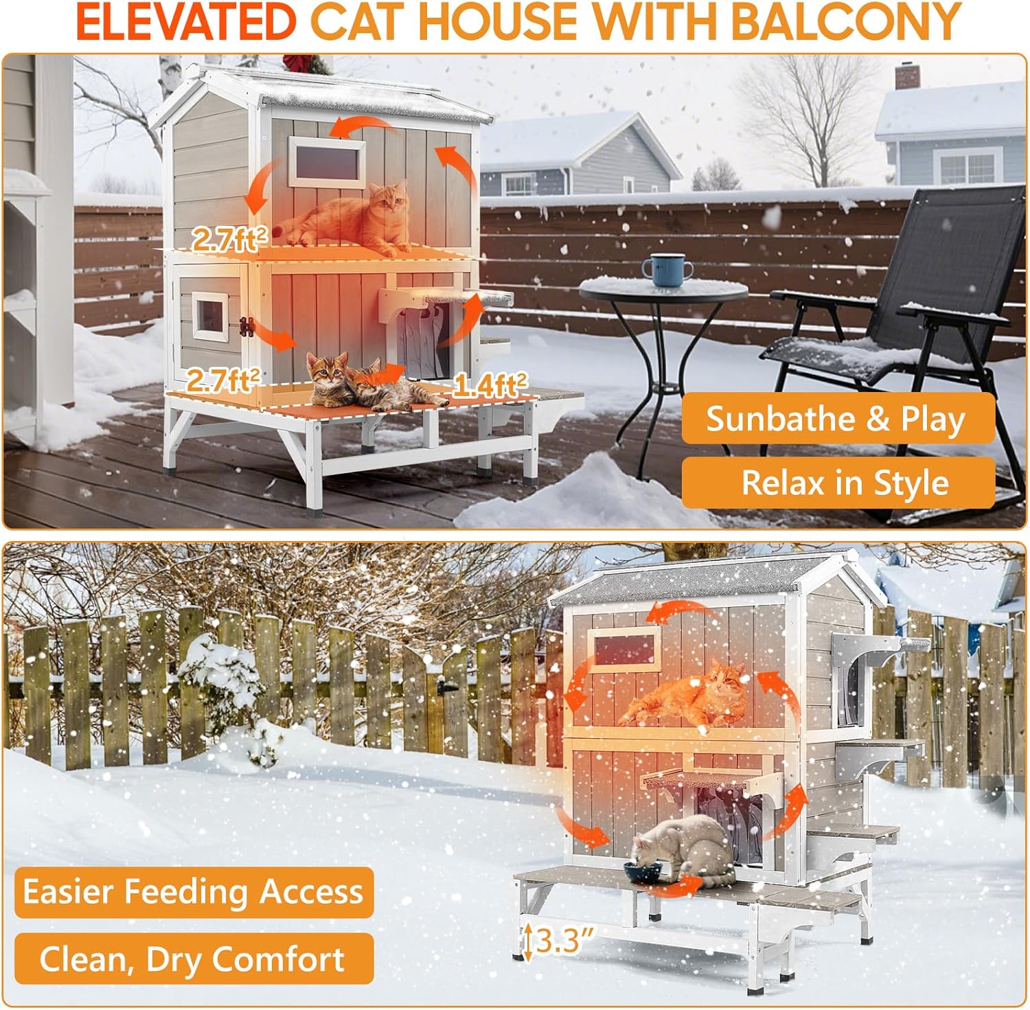 PetsCosset Insulated Cat House Outdoor Weatherproof with Balcony All-Round Insulation Outside Wooden Feral Cat Shelter for Winter with 3 Jumping Platforms and Openable Roof for Cats and Small Animals