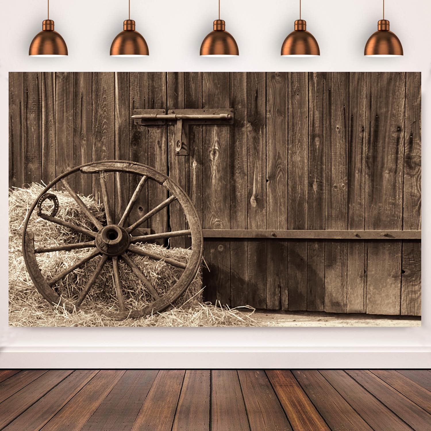 3.6x3m Sfondo Western Cowboy Vecchia porta del fienile con ruota antica balle di fieno pagliaio Sfondo fotografico a tema campagna Decorazioni per feste occidentali Bambini adulti Photoshoot Props