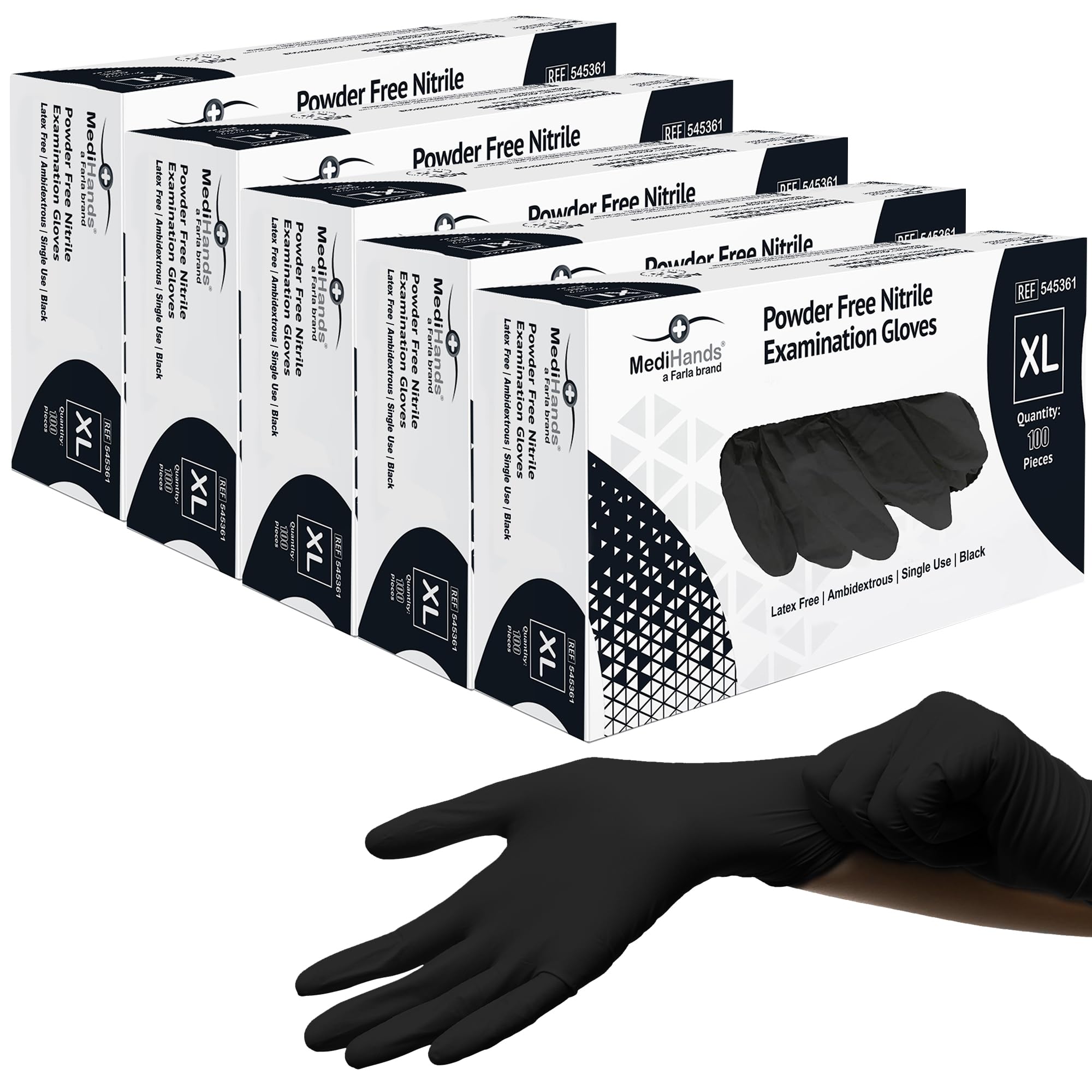 Farla Medical MediHands Disposable Extra Large Nitrile Gloves - Powder Free and Latex Free Surgical Gloves - Multi-Purpose, Single Use Medical Gloves - Box of 500, Black
