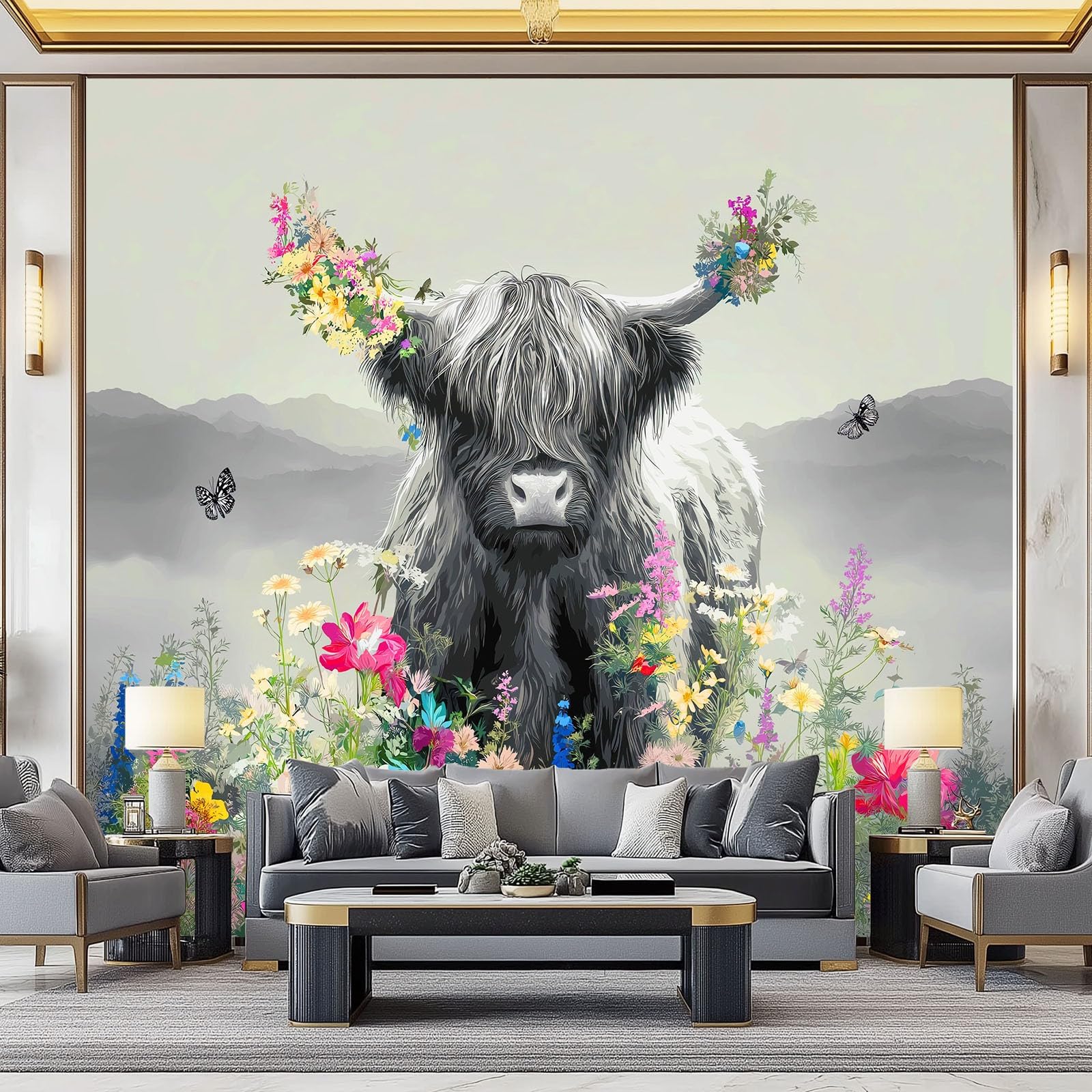 Générique Panoramiczna tapeta Yaks Champs Kwiaty Zwierzęta Łąki 350 x 256 cm, dekoracja ścienna z włókniny, dekoracyjna dekoracja ścienna do salonu, łazienki, pokoju dziecięcego, ciemnoszara