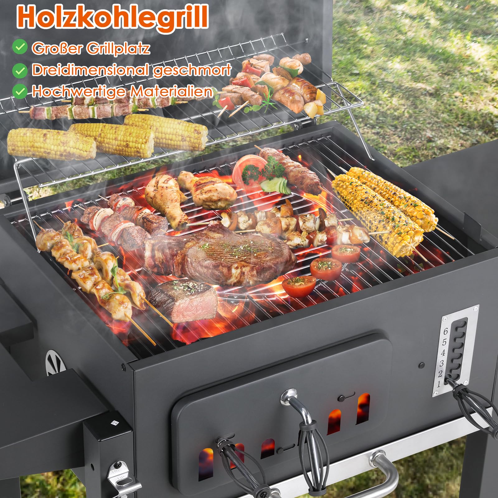 TLSUNNY Barbecue Carbonella XXL con Coperchio e Termometro, Ripiani Pieghevoli, Griglia BBQ Carbonella Grigio