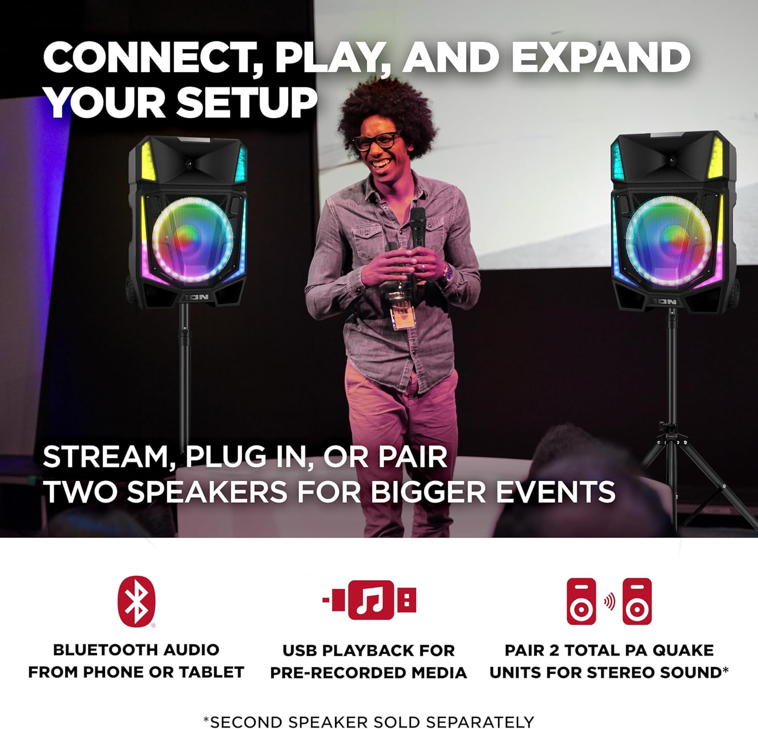 ION Audio Total PA Quake 15-Inch Portable Bluetooth Party Speaker with Wireless Microphone and Stand, Party Lights, Multi-Channel Mixer, USB Playback, App