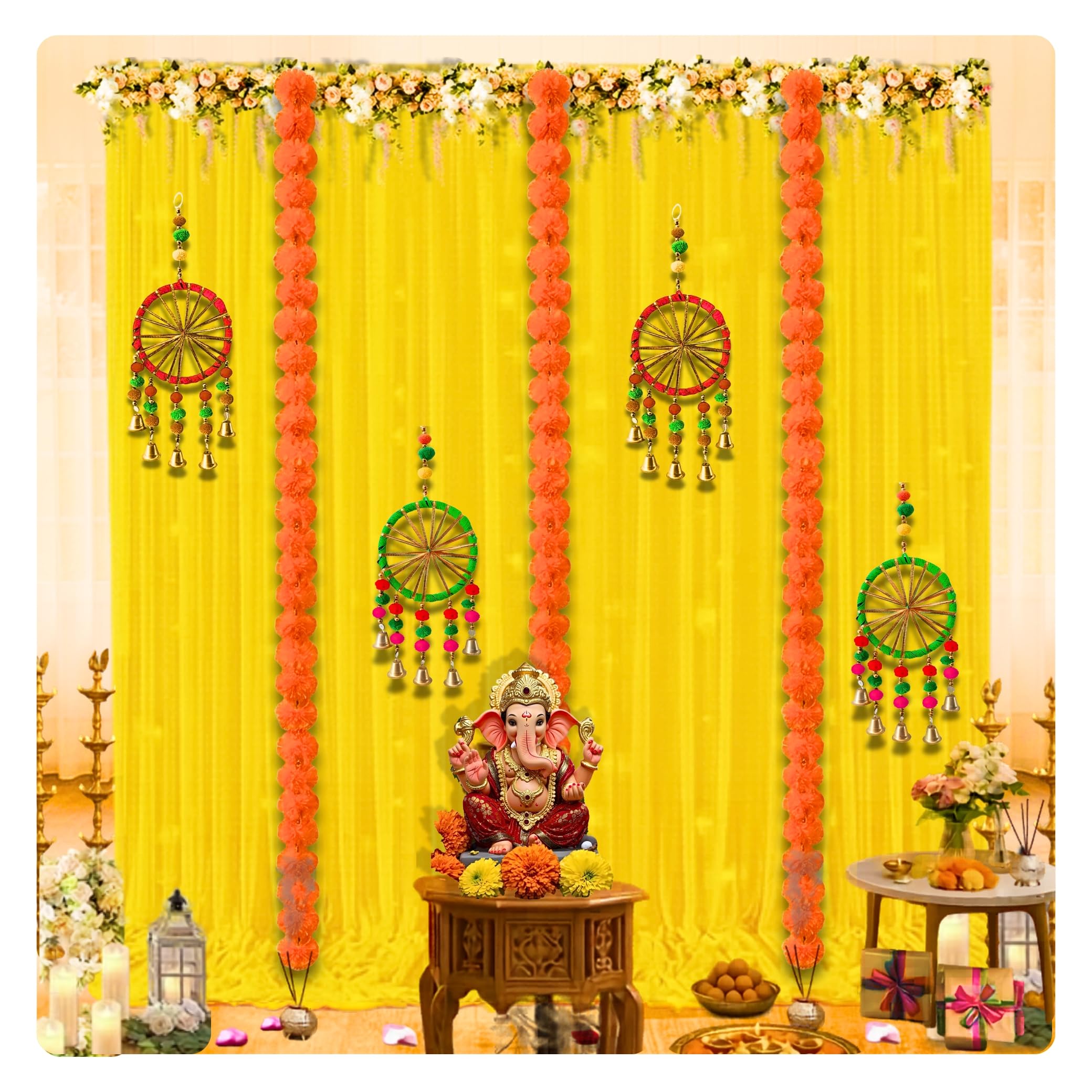 Shimmers Traditional Festival Decoration Kit Set of 11, Yellow Curtain Backdrop, Orange Marigold Flower Garlands, Dream Catcher Wall Hanging, Pooja Decor for Diwali, Ganesh Chaturthi, Home Decor-image-3