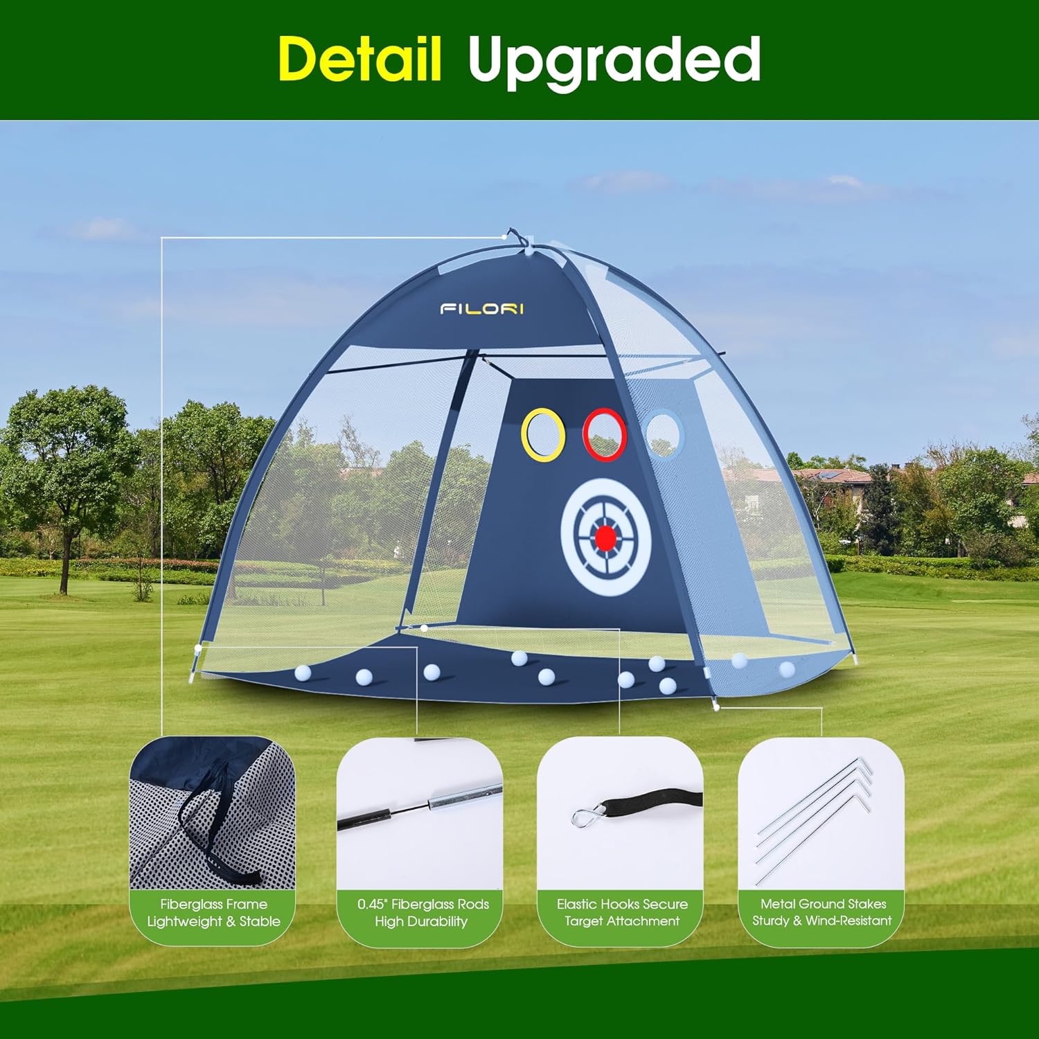 FILORI Golf Practice Net 10x7FT Heavy-Duty Golf Hitting Net with Tri-Turf Mat, 8 Balls, Tee & Carry Bag, Indoor/Outdoor Backyard Training for Driving Chipping Swing