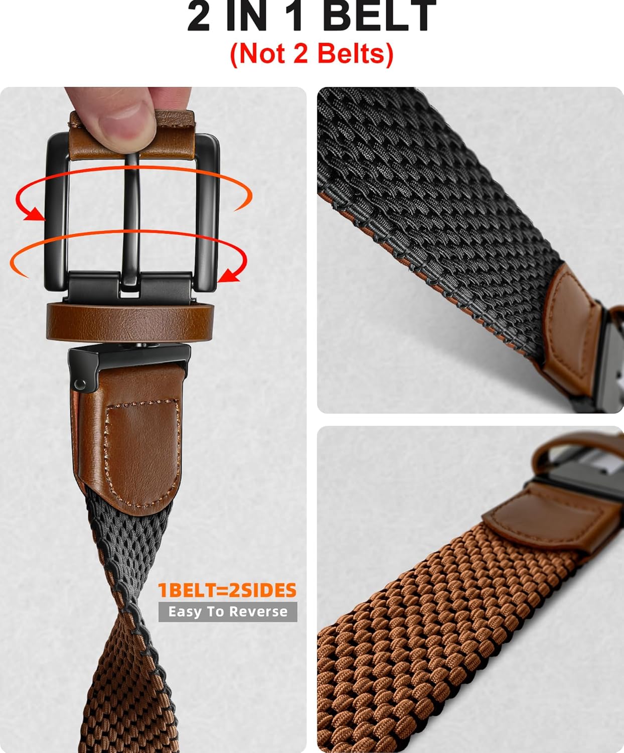 BULLIANT Men Belt Rerversible Golf Belt Stretch Braided for Gift Men 1 3/8"-2 In 1 Belt - Image 2