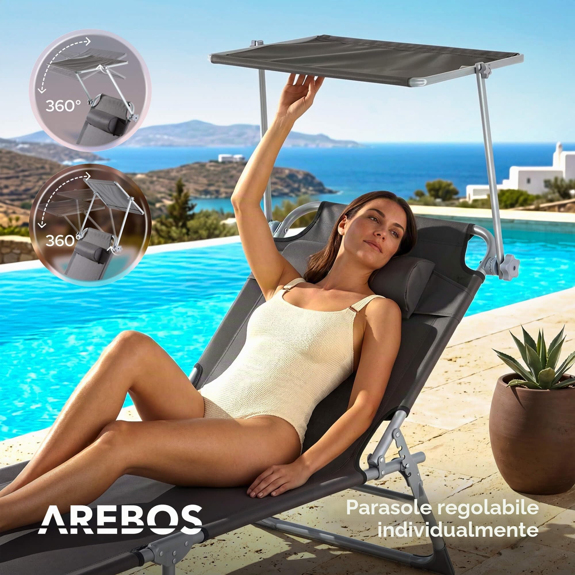 AREBOS 2x Lettino Prendisole Pieghevole con Tettuccio | Sdraio da Giardino con Cuscino & Tasca Laterale | 4 Posizioni Regolabili | fino a 120 kg | Antracite