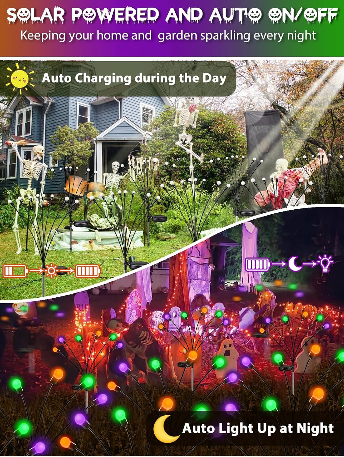 6 Pack Halloween Decorations Outdoor Solar Pathway Lights, Solar Firefly Lights Orange Purple and Green, Sway by Wind, Waterproof Solar Halloween Lights for Patio Garden Yard Lawn Horror Party Decor