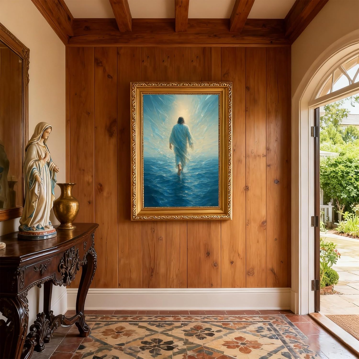 QWETYY666 Gold Frame Christian Wall Art Blue Jesus Walking On Water Canvas Wall Decor Religious Modern Jesus Divine Light Pianting Pictures Prints For Living Room Bedroom Church 12x16 inch